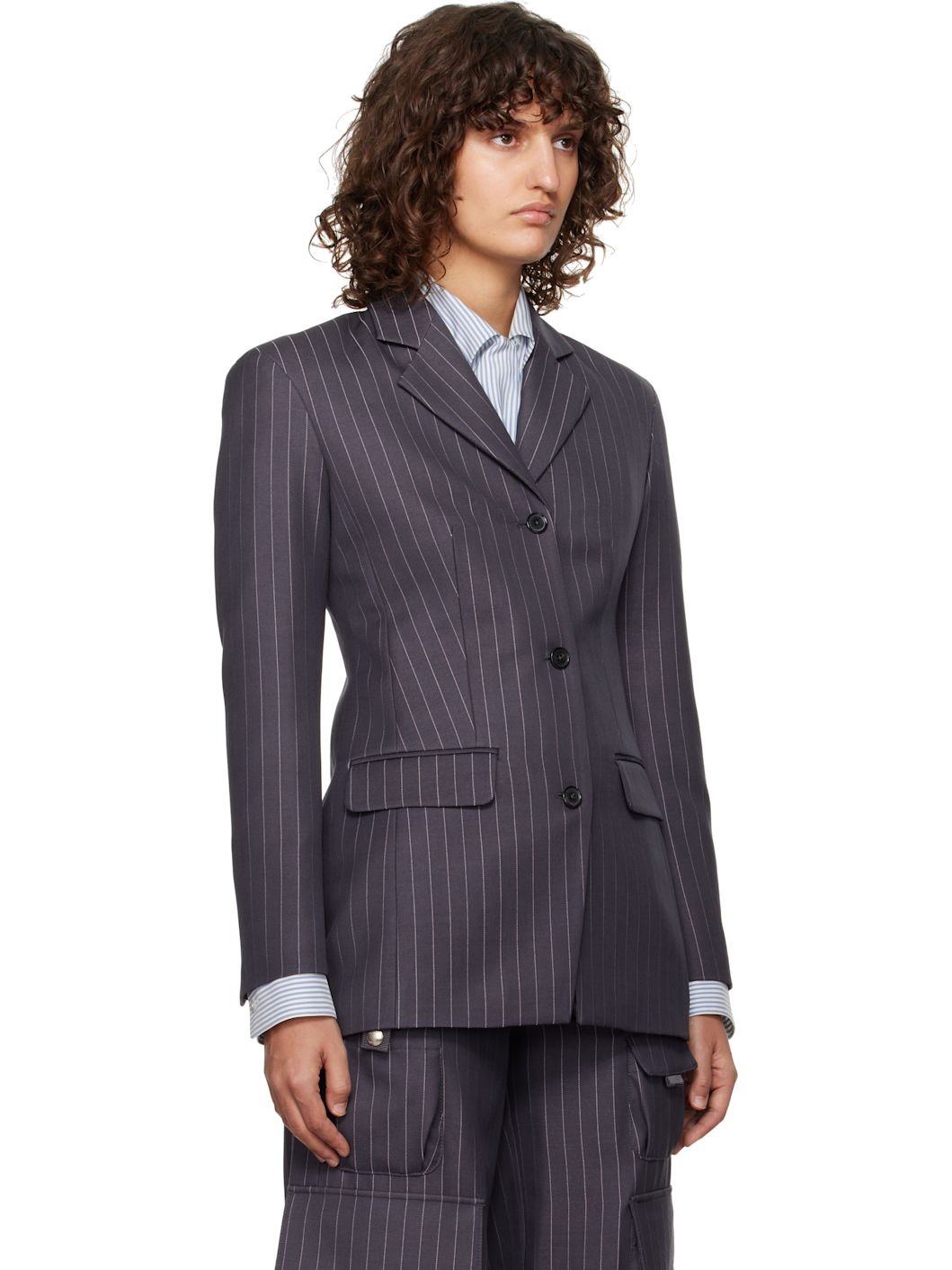Gray Pinstripe Fitted Blazer - 2