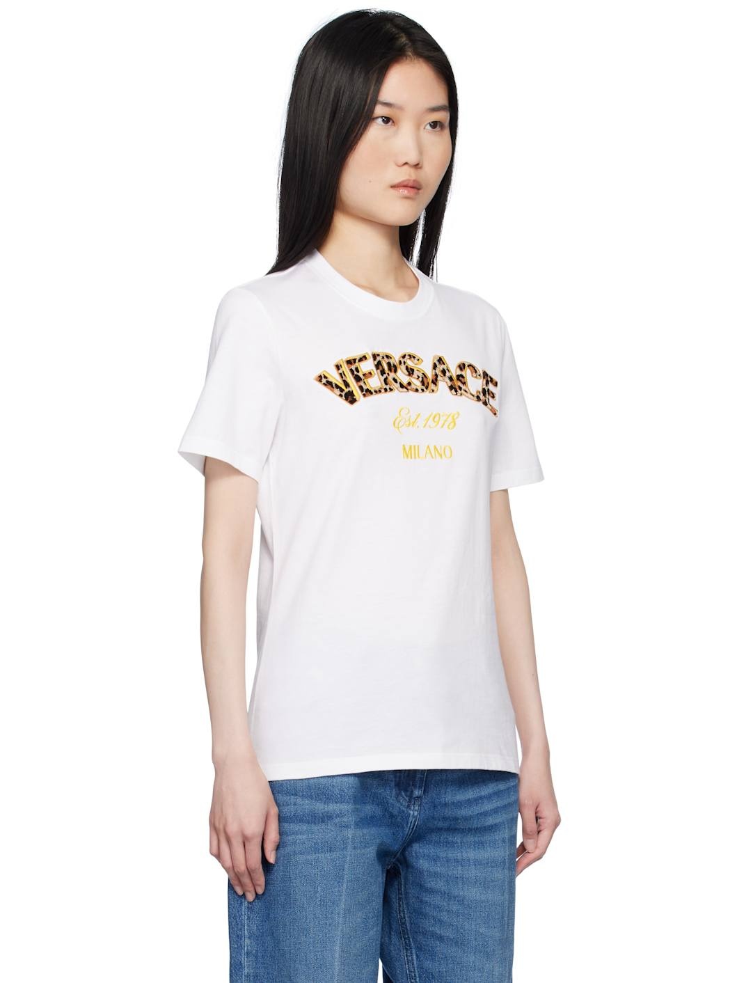 White 'Versace Milano' Leopard Embroidery T-shirt - 2