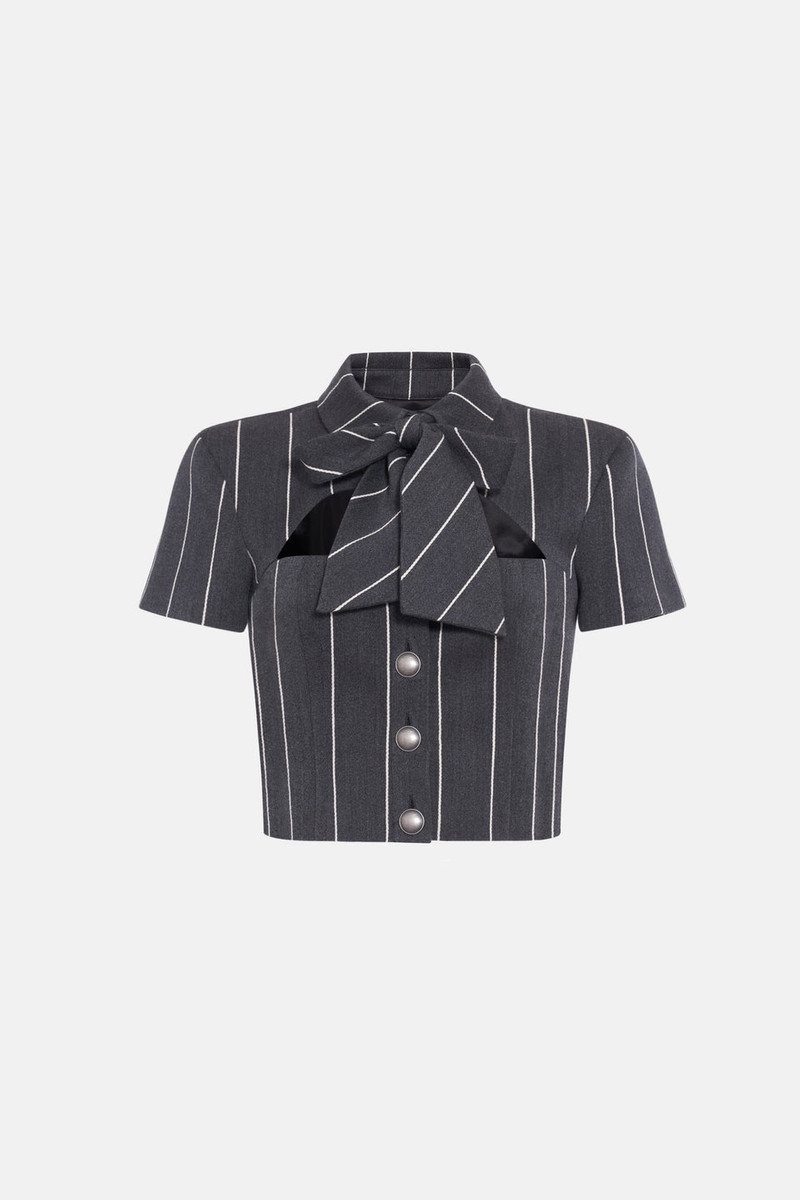 LIGHT WOOL PINSTRIPE CROPPED JACKET WITH BOW - 1