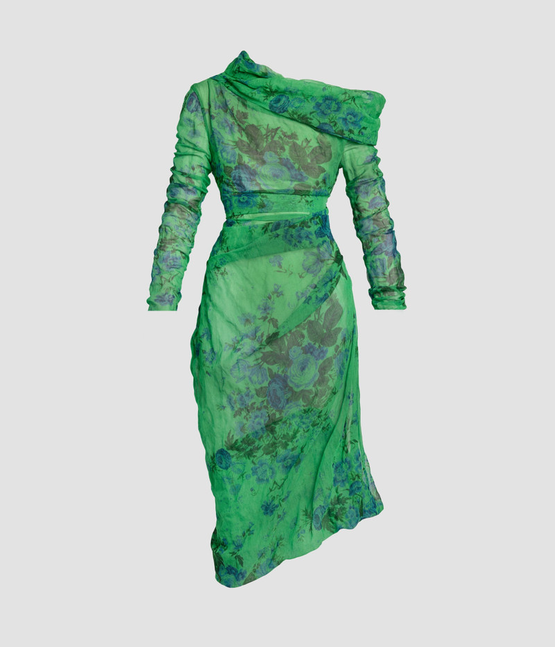 FLORAL PRINT ORGANZA CLOQUE DRAPED MIDI DRESS 1