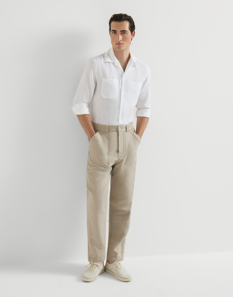 Linen and cotton drill trousers with patch pockets and drawstring 5