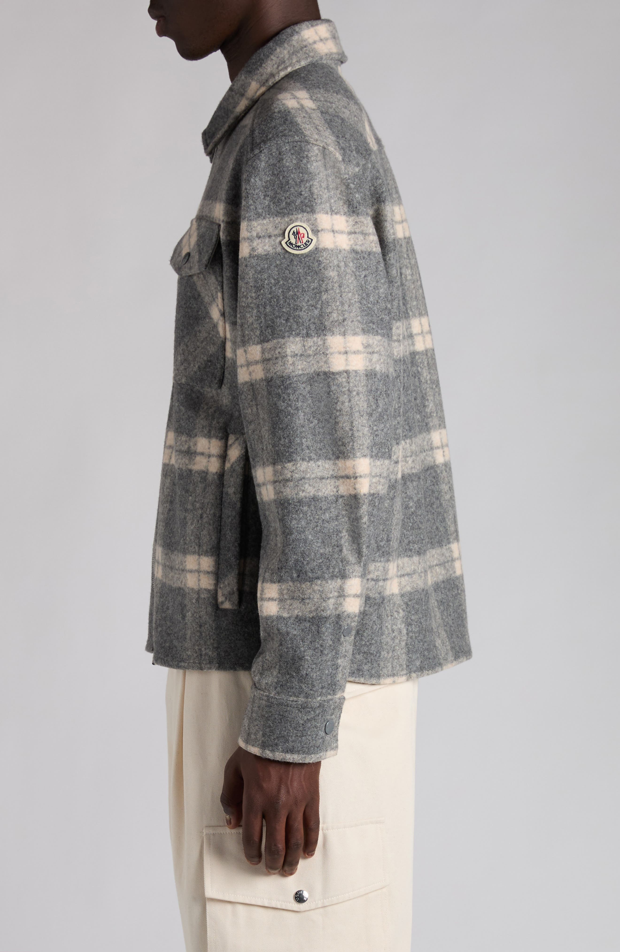 Moncler Plaid Shirt Jacket in Light Grey Check at Nordstrom - 4