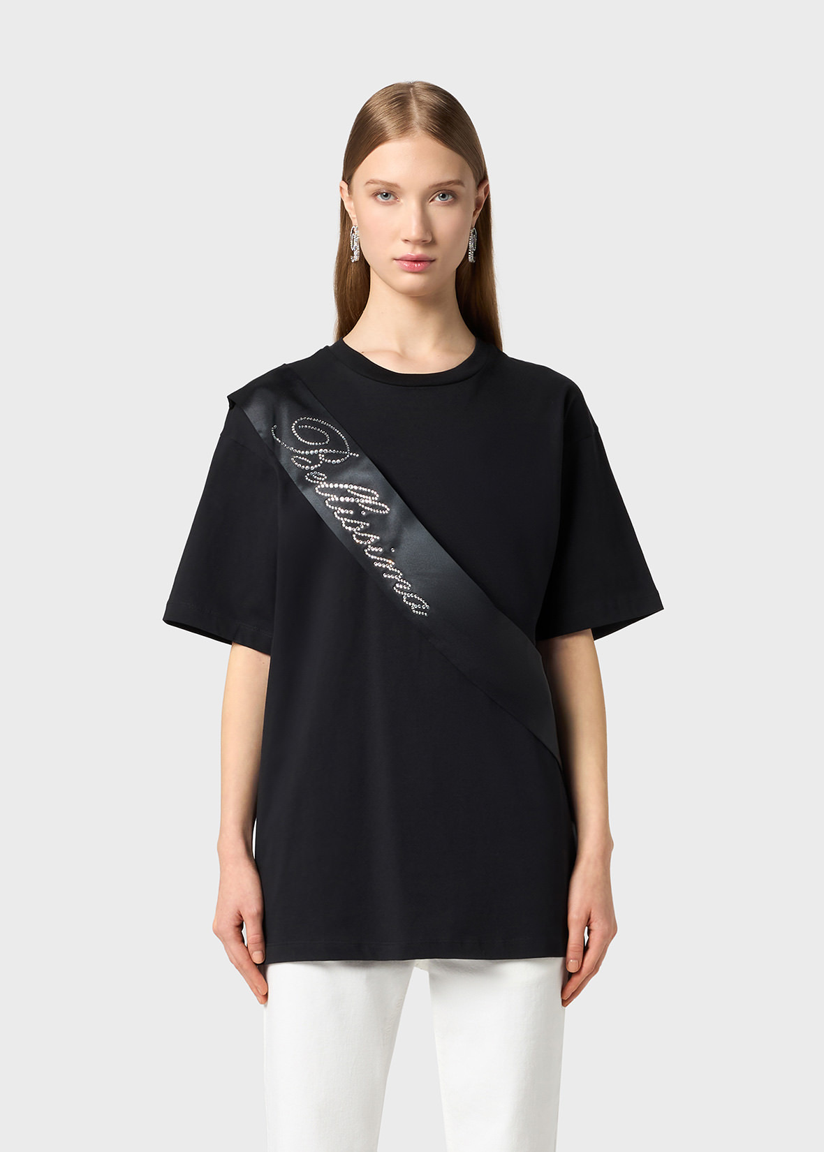 T-SHIRT WITH SATIN BAND AND RHINESTONE EMBROIDERY - 3