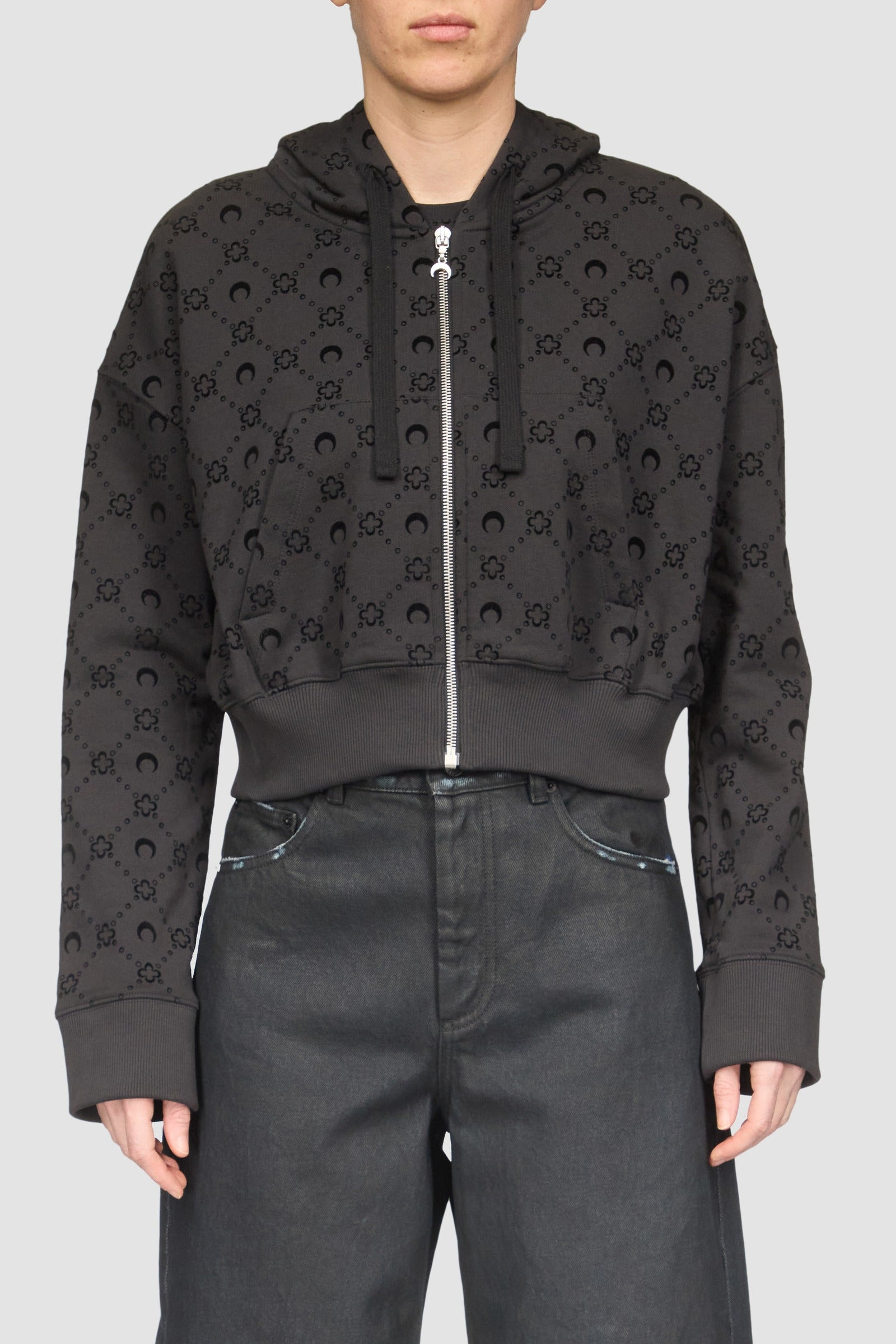Moonogram Flocked Fleece Cropped Zipped Hoodie - 2