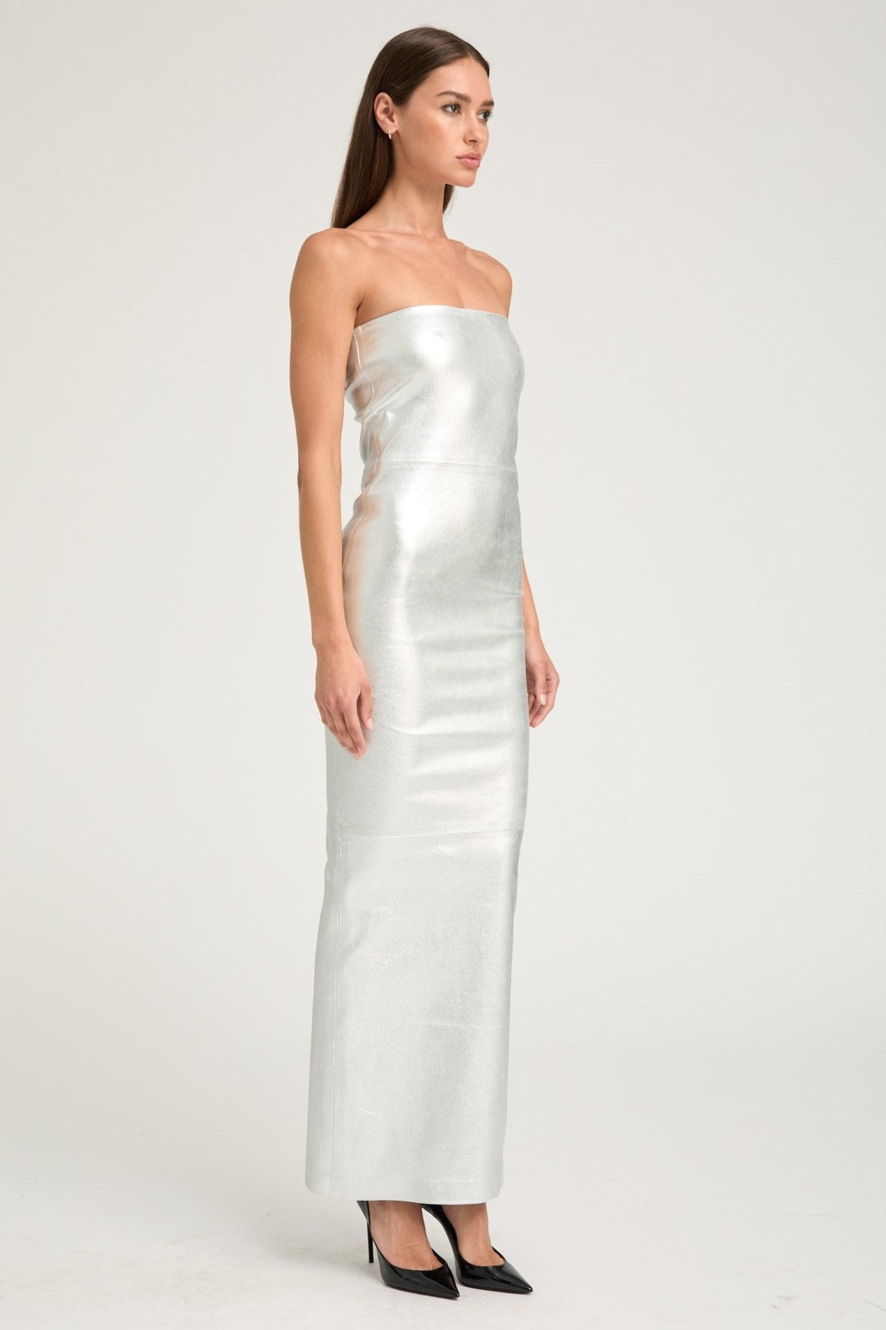 METALLIC SILVER LEATHER GOWN - 2