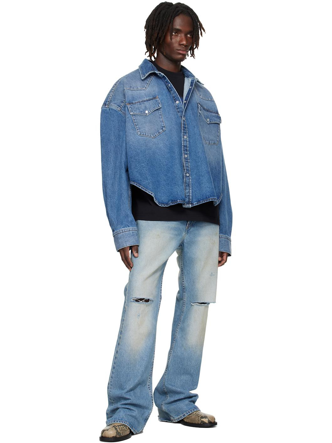 Blue Boxy Cropped Denim Shirt - 4