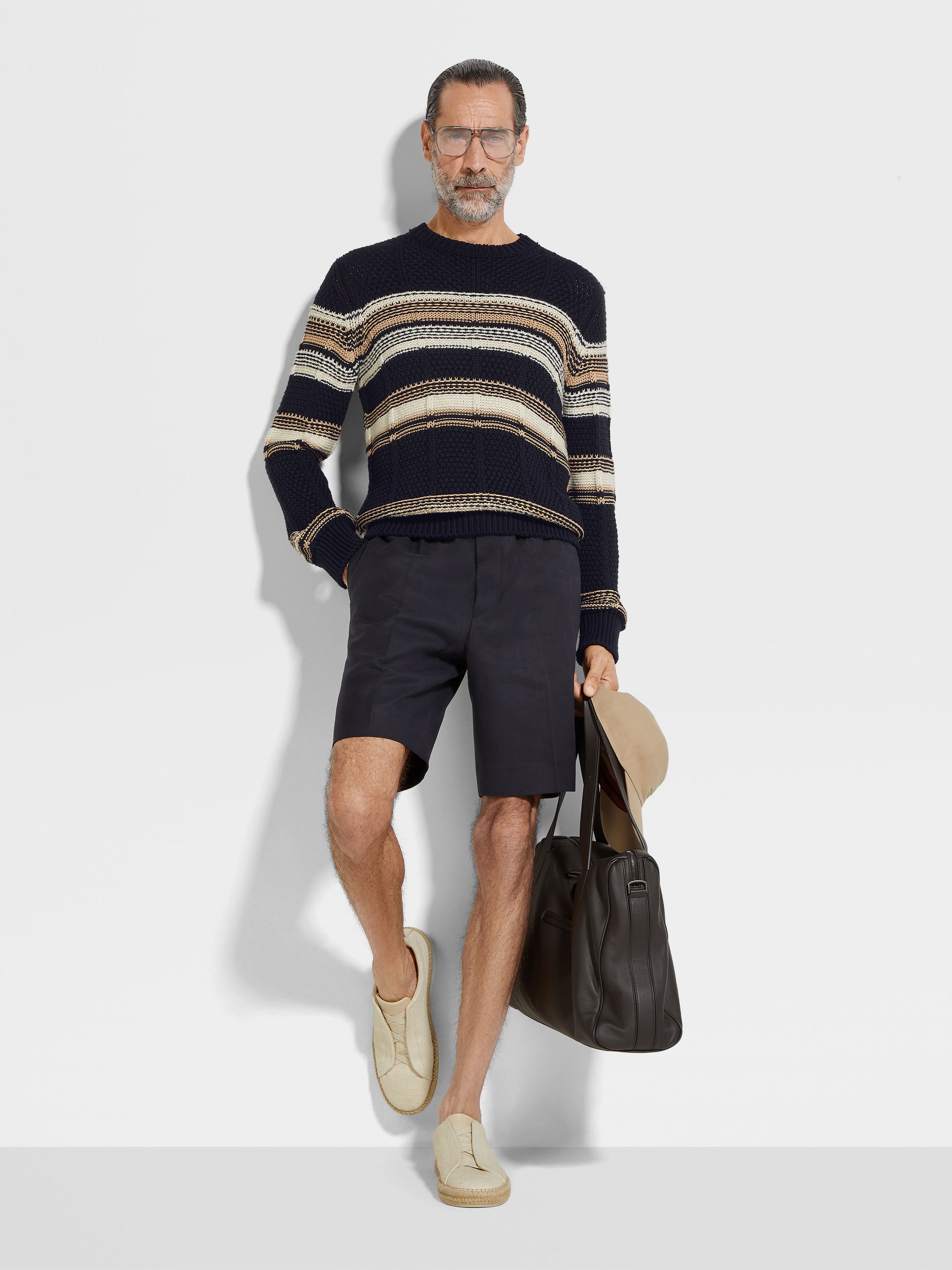 NAVY BLUE WHITE AND LIGHT BEIGE COTTON SILK AND LINEN CREWNECK - 3