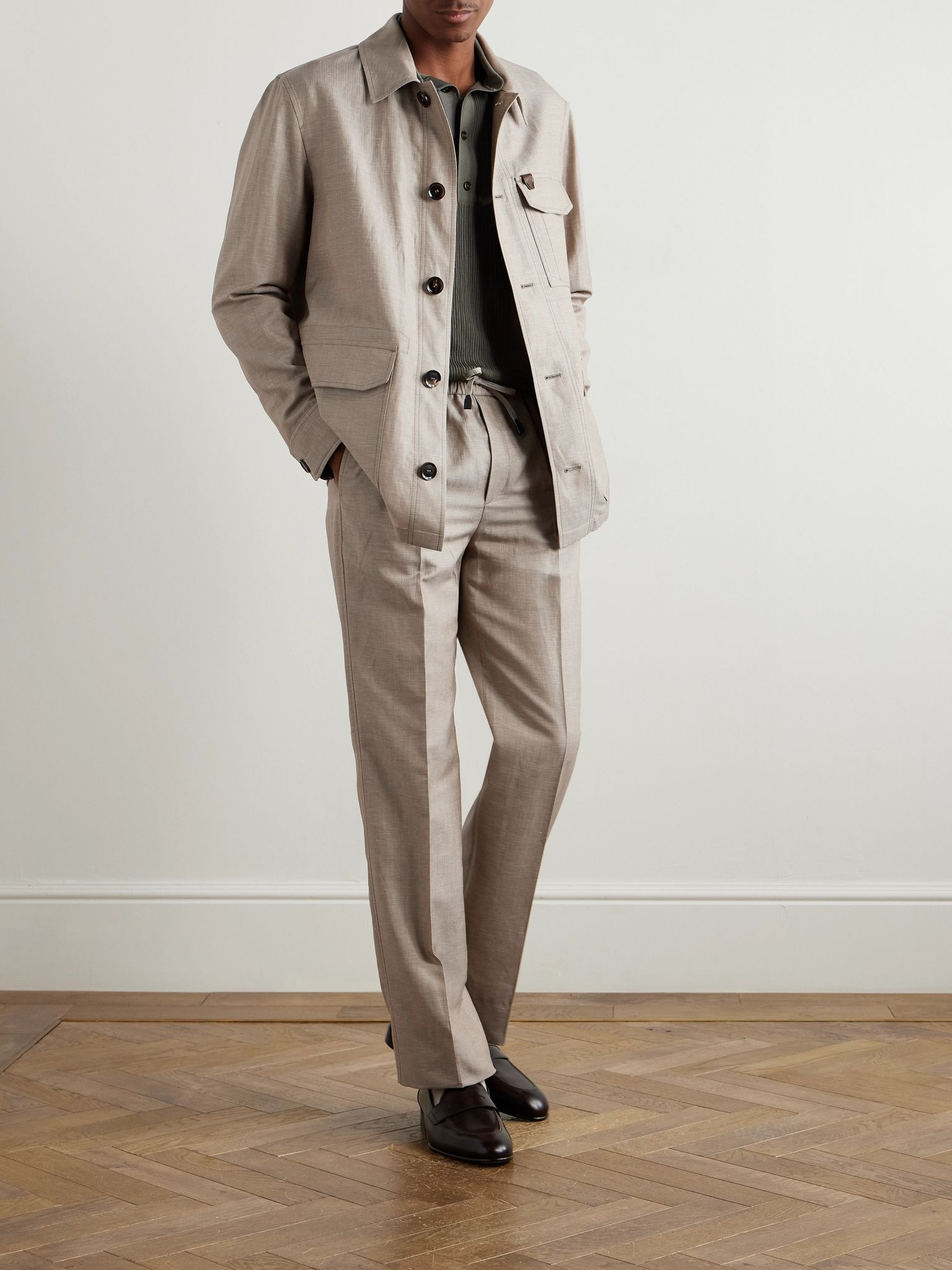 Logo-Appliquéd Wool, Linen and Silk-Blend Overshirt Neutral - 2