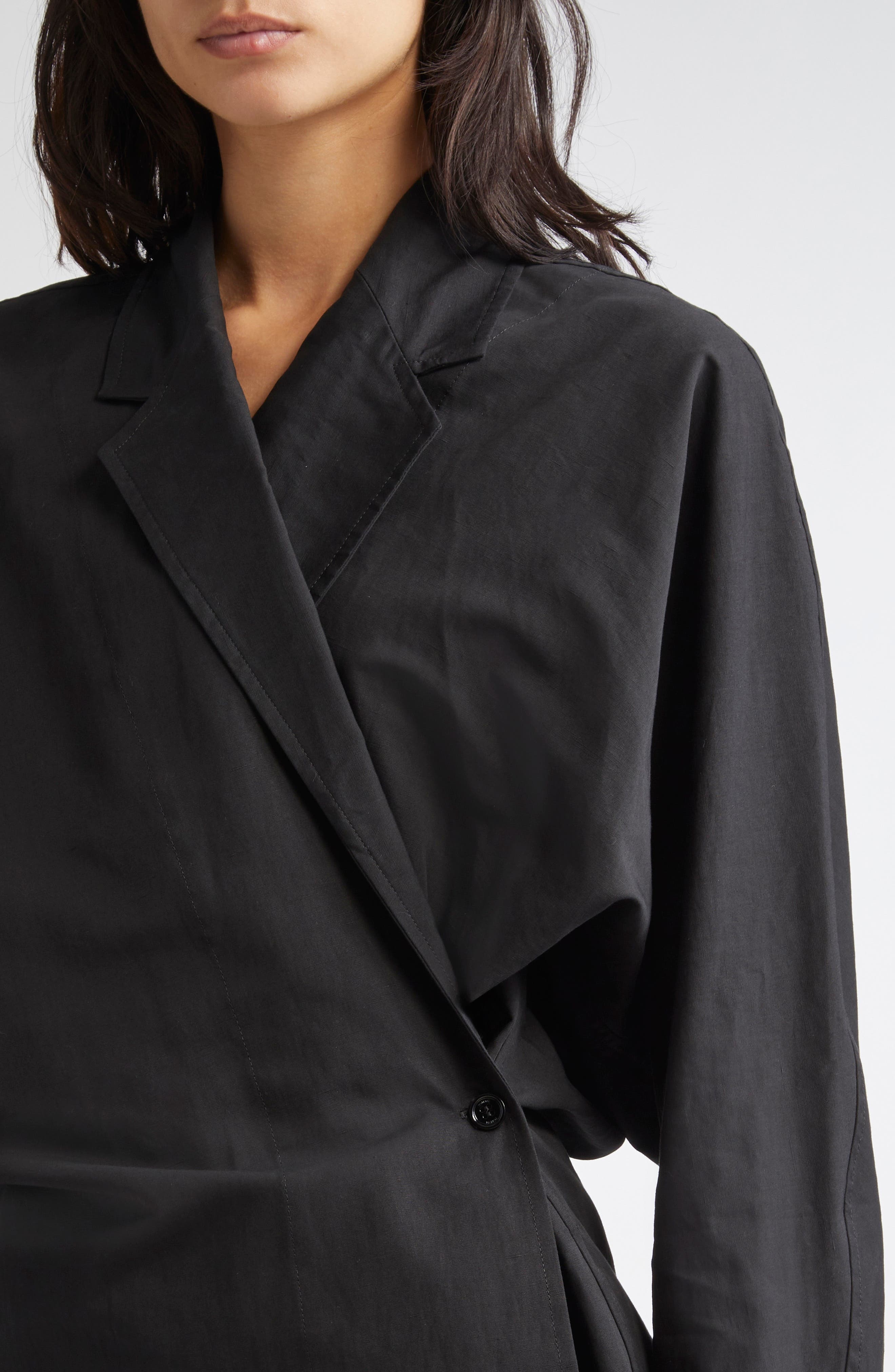 TOTEME Long Sleeve Organic Cotton & Linen Wrap Top in Black at Nordstrom - 5