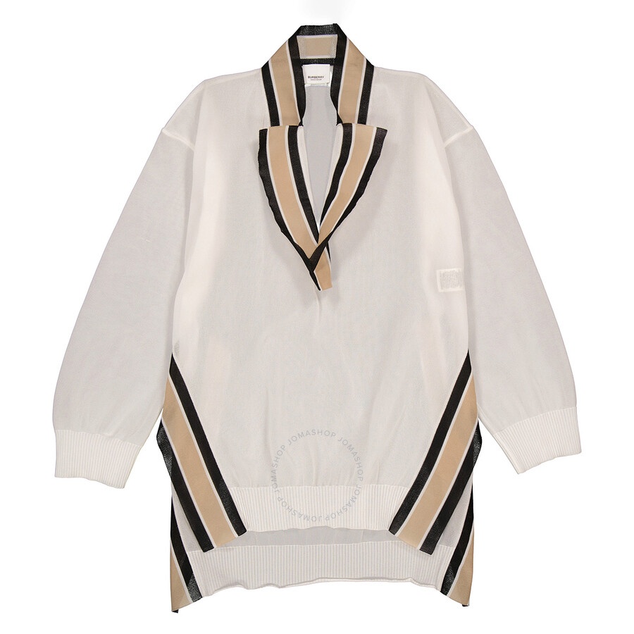 Burberry Ladies White Long-Sleeve Cricket Stripe Detail Knit Oversized Top - 1