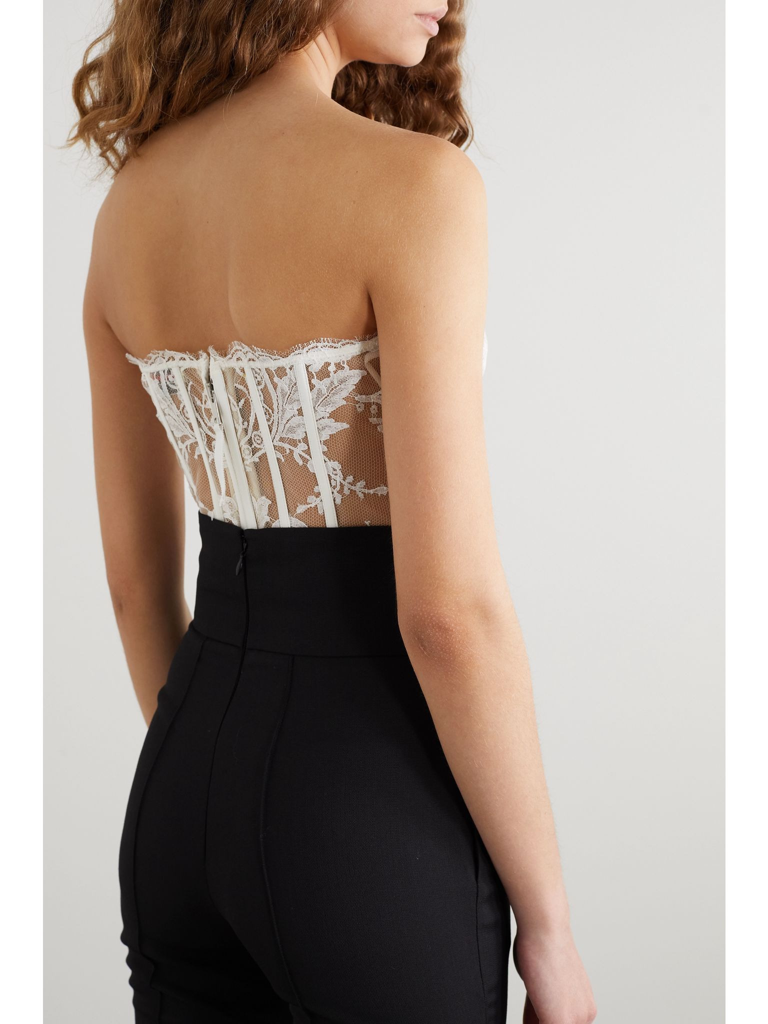 Satin-trimmed cotton-blend corded lace bustier top Ivory - 4