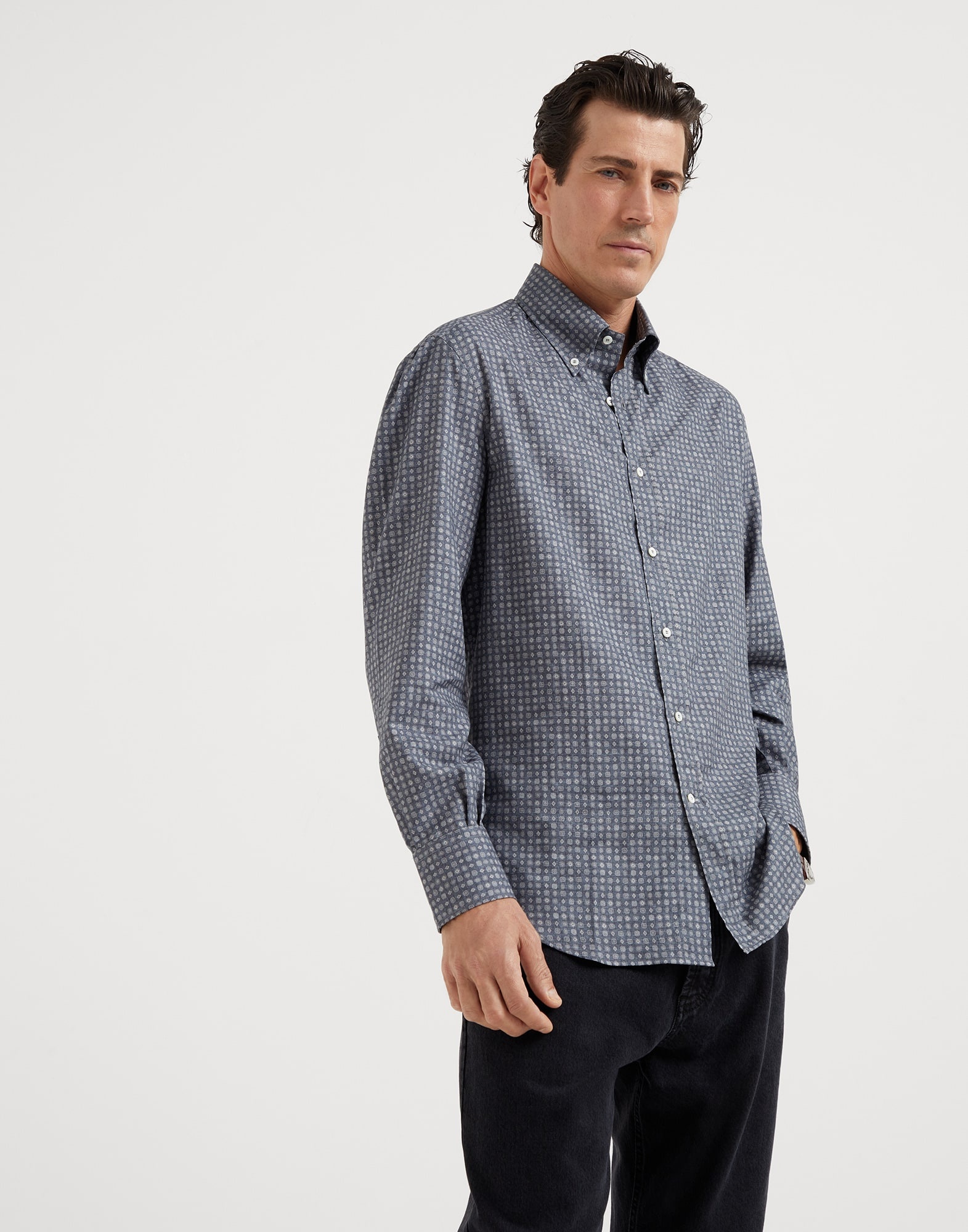 Geometric print basic fit shirt with button-down collar - 1