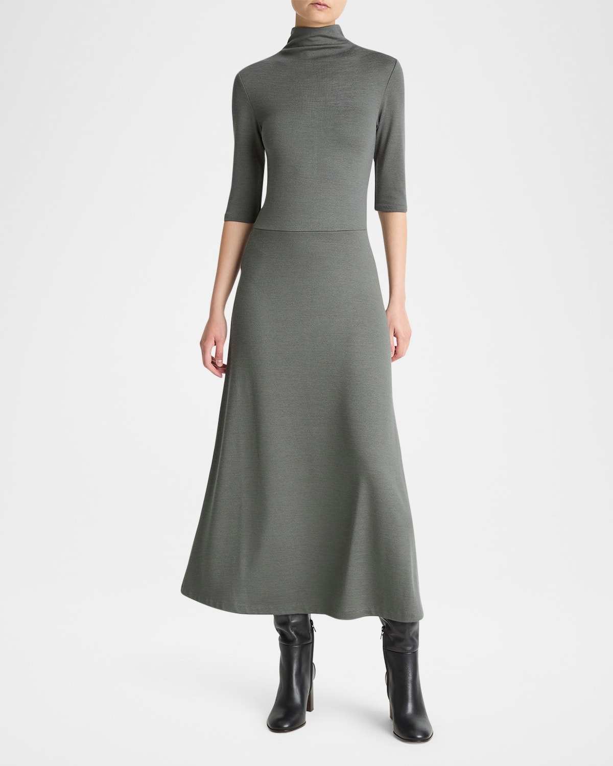 Elbow-Sleeve Turtleneck Midi Dress - 4