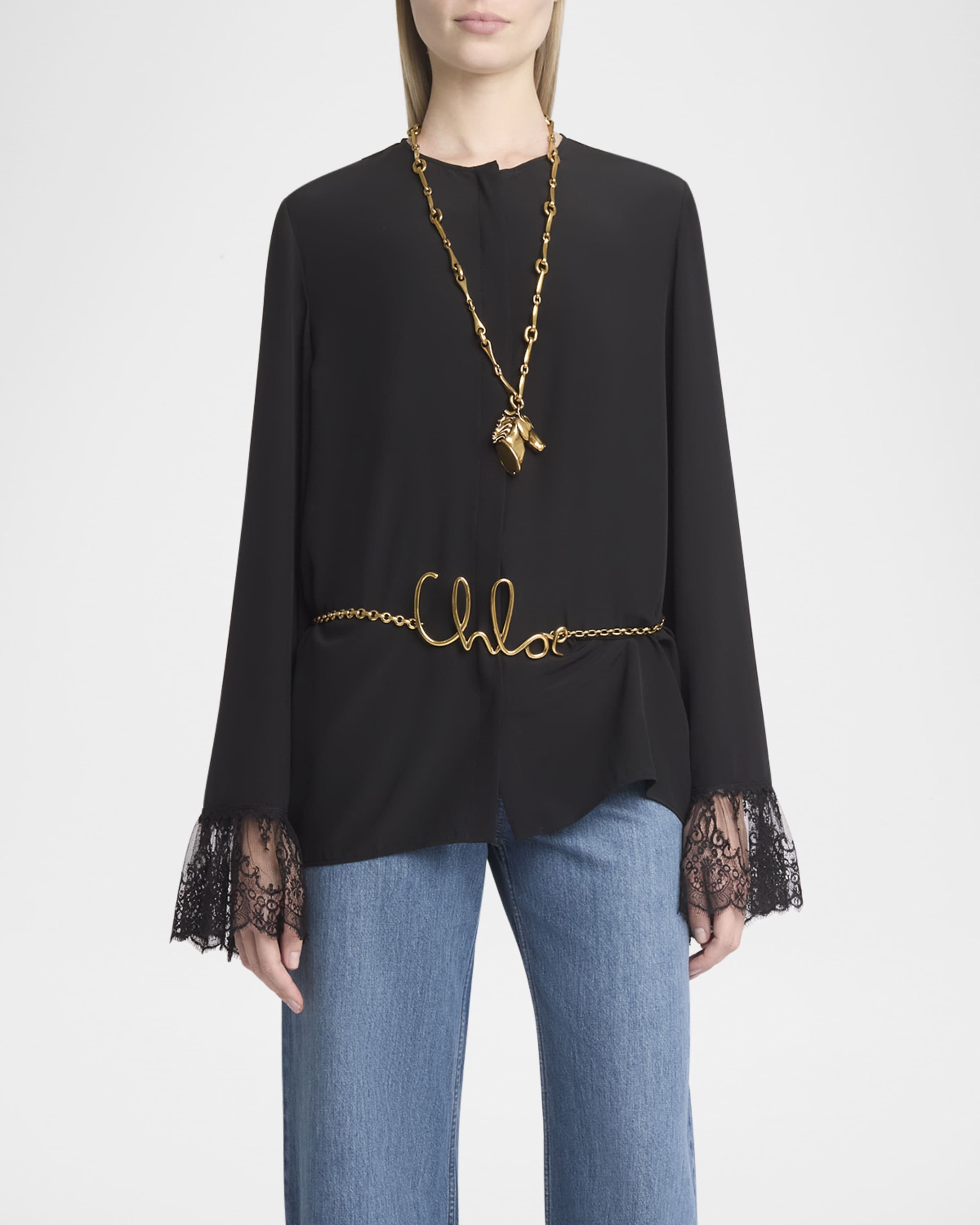 Button Down Crepe De Chine Top with Lace Sleeves - 2