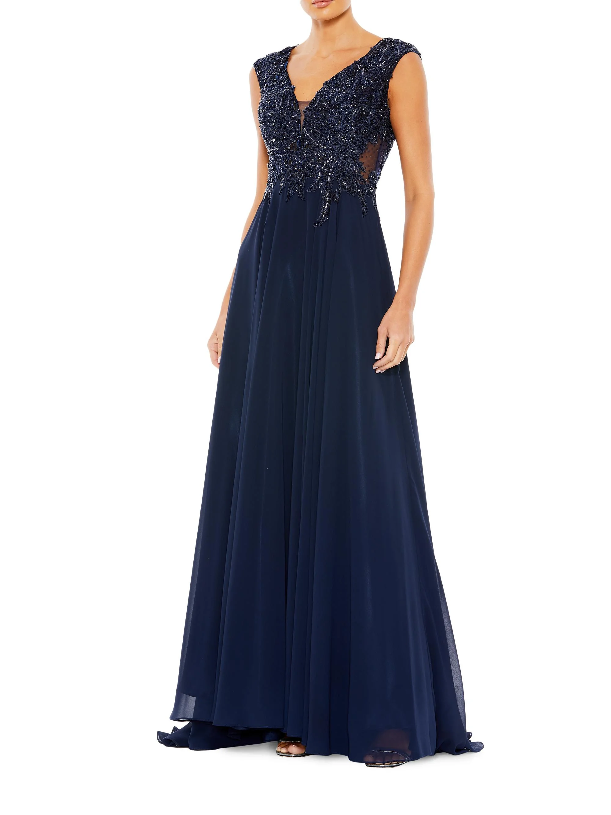 Women's Metallic Floral Bead-Embroidered A-Line Gown - Navy - 1