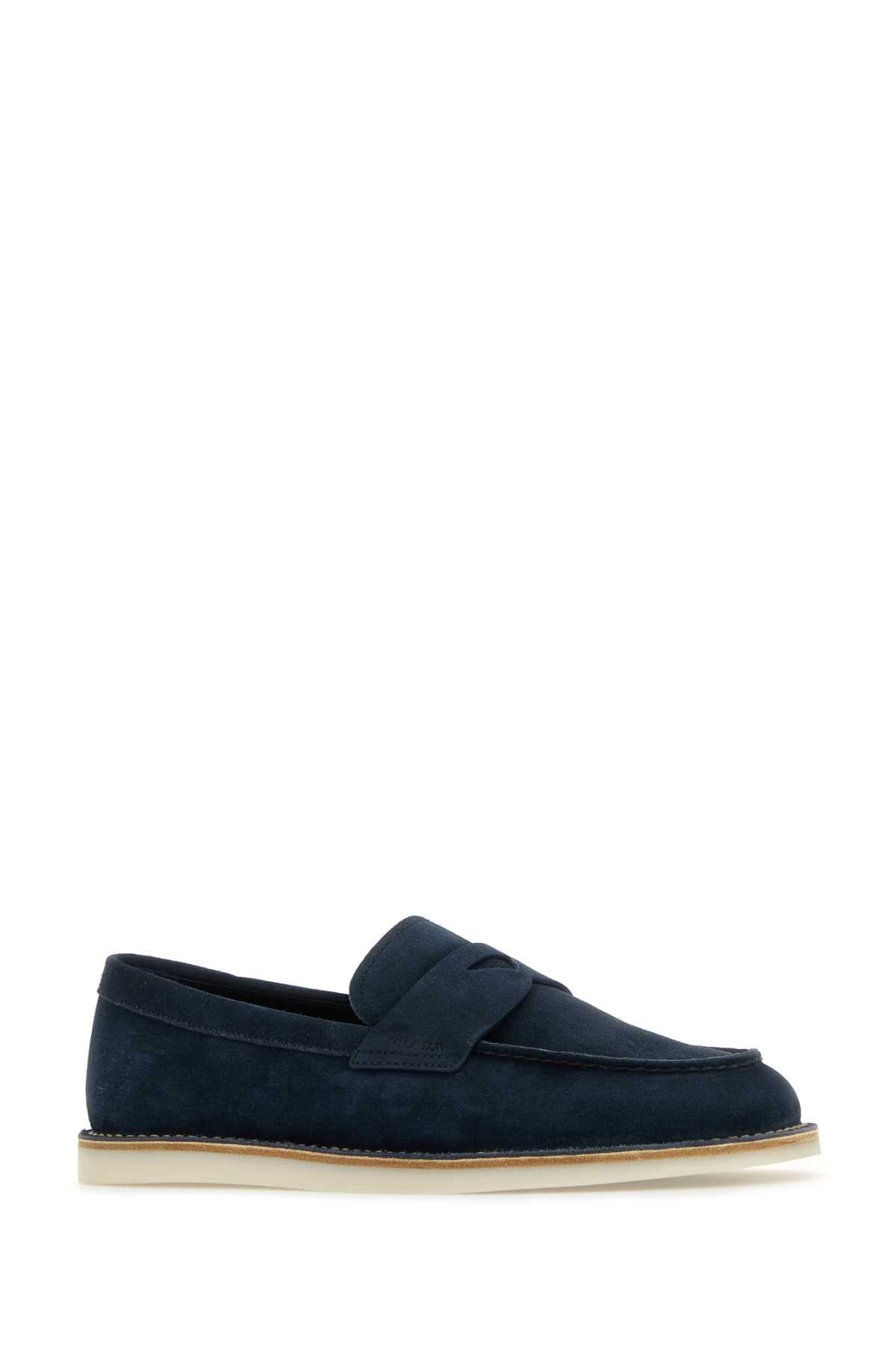 Prada Men Navy Blue Suede Loafers - 2