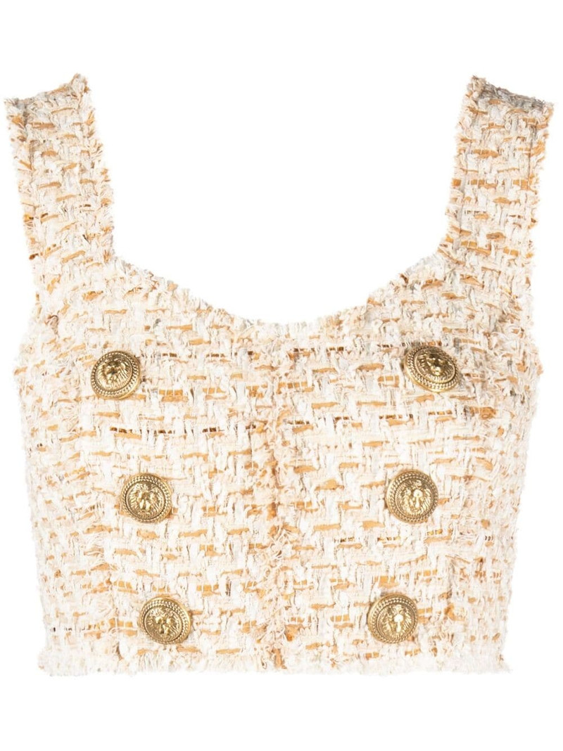 button-embellished tweed cropped top 1