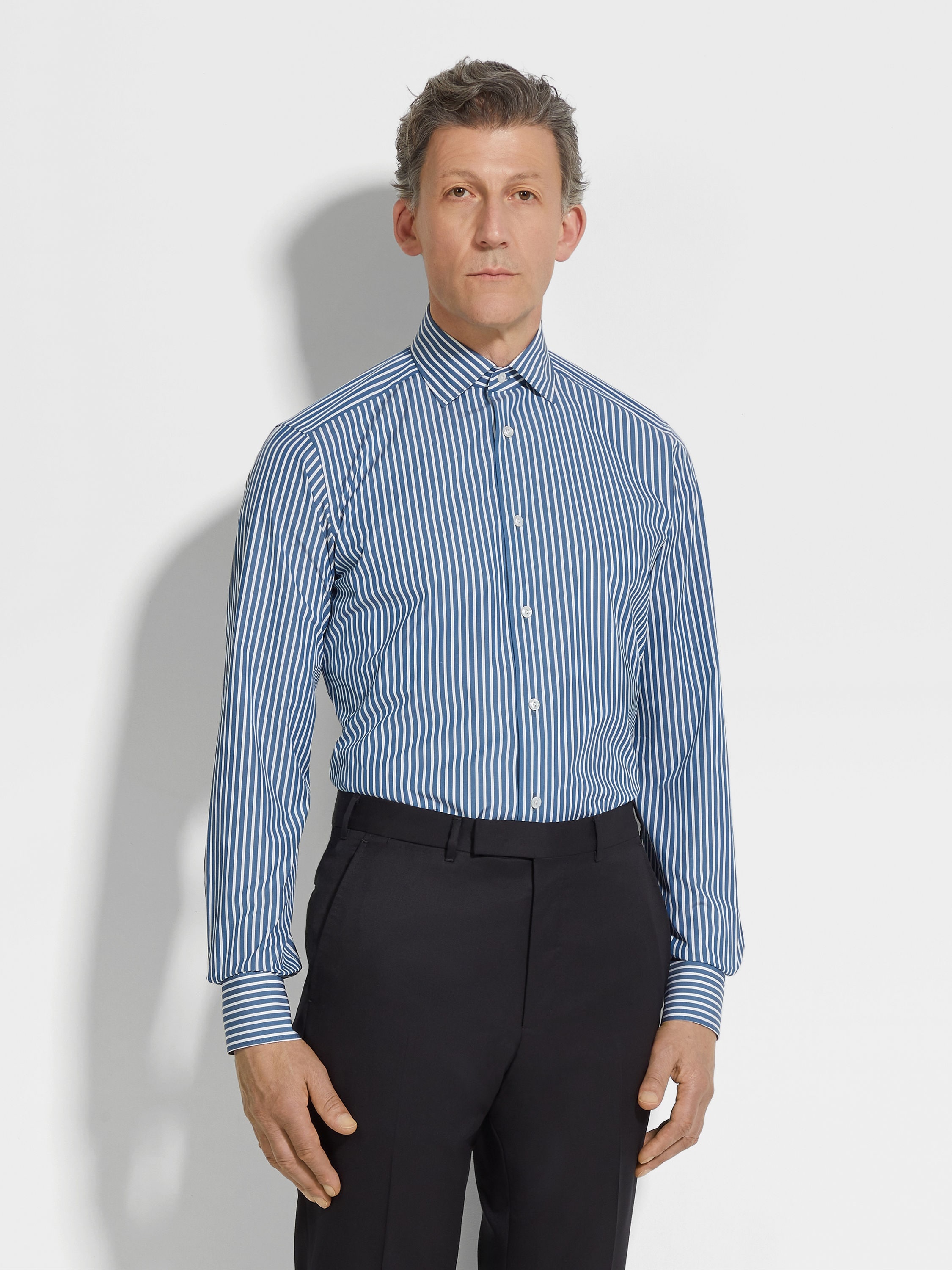 DARK TEAL BLUE AND WHITE MACRO-STRIPED CENTOVENTIMILA COTTON SHIRT - 3