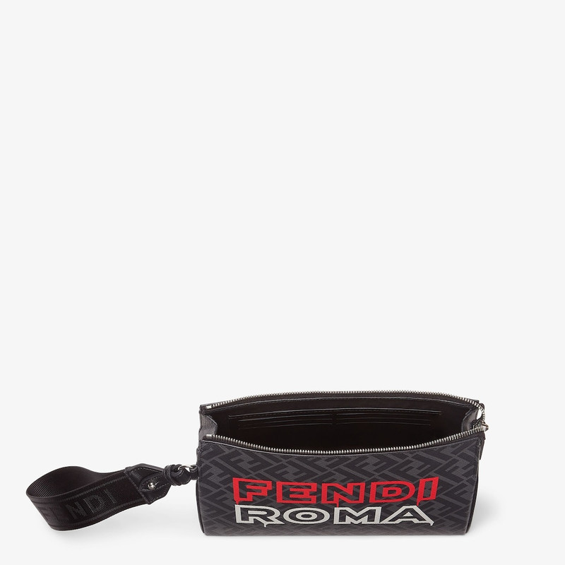 Clutch bag made of black and gray FF fabric. Features an internal compartment with zipper closure, c 4