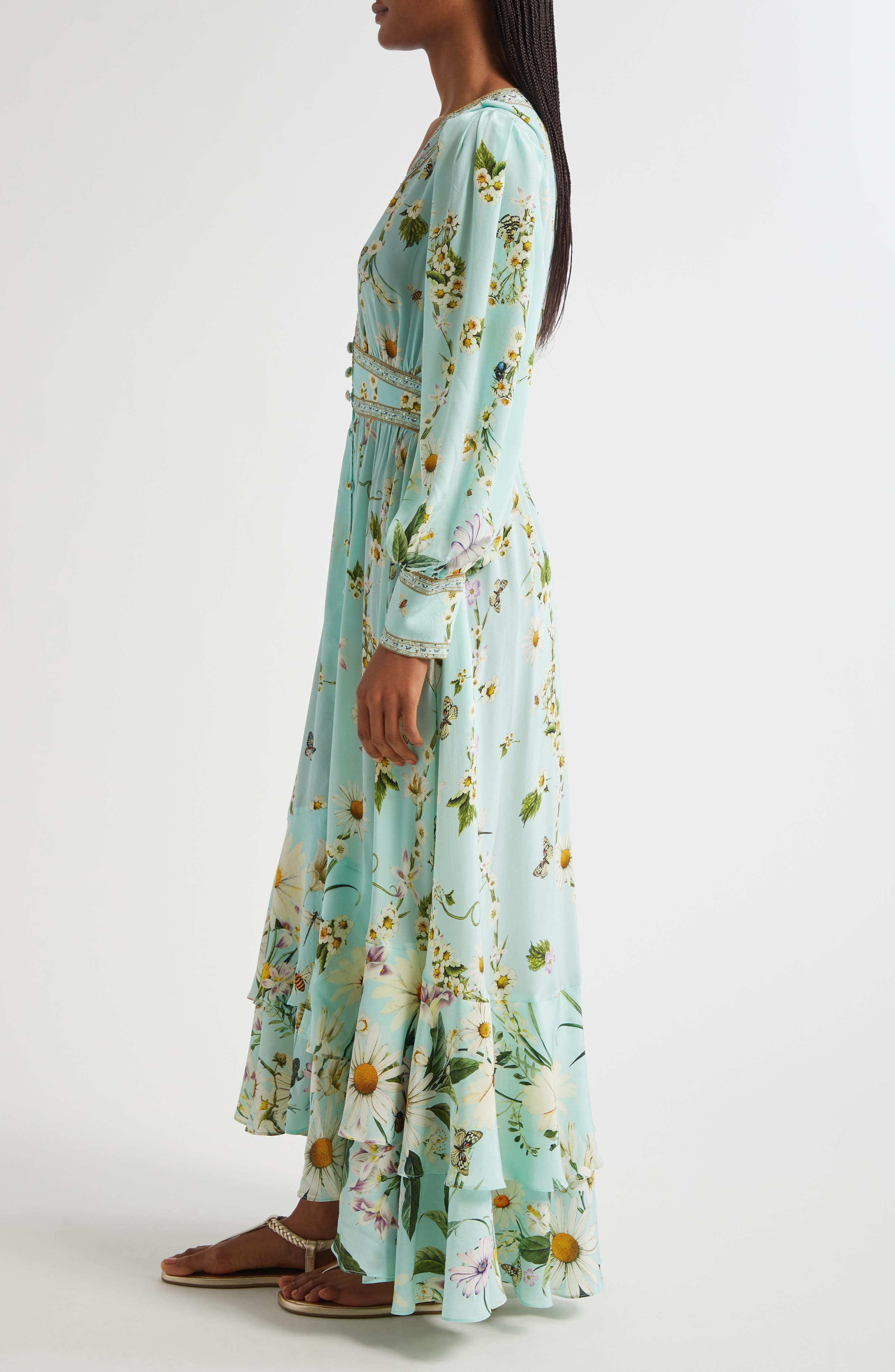 Camilla Floral Freefall Plunge Neck Long Sleeve Silk Crepe Maxi Dress at Nordstrom - 3