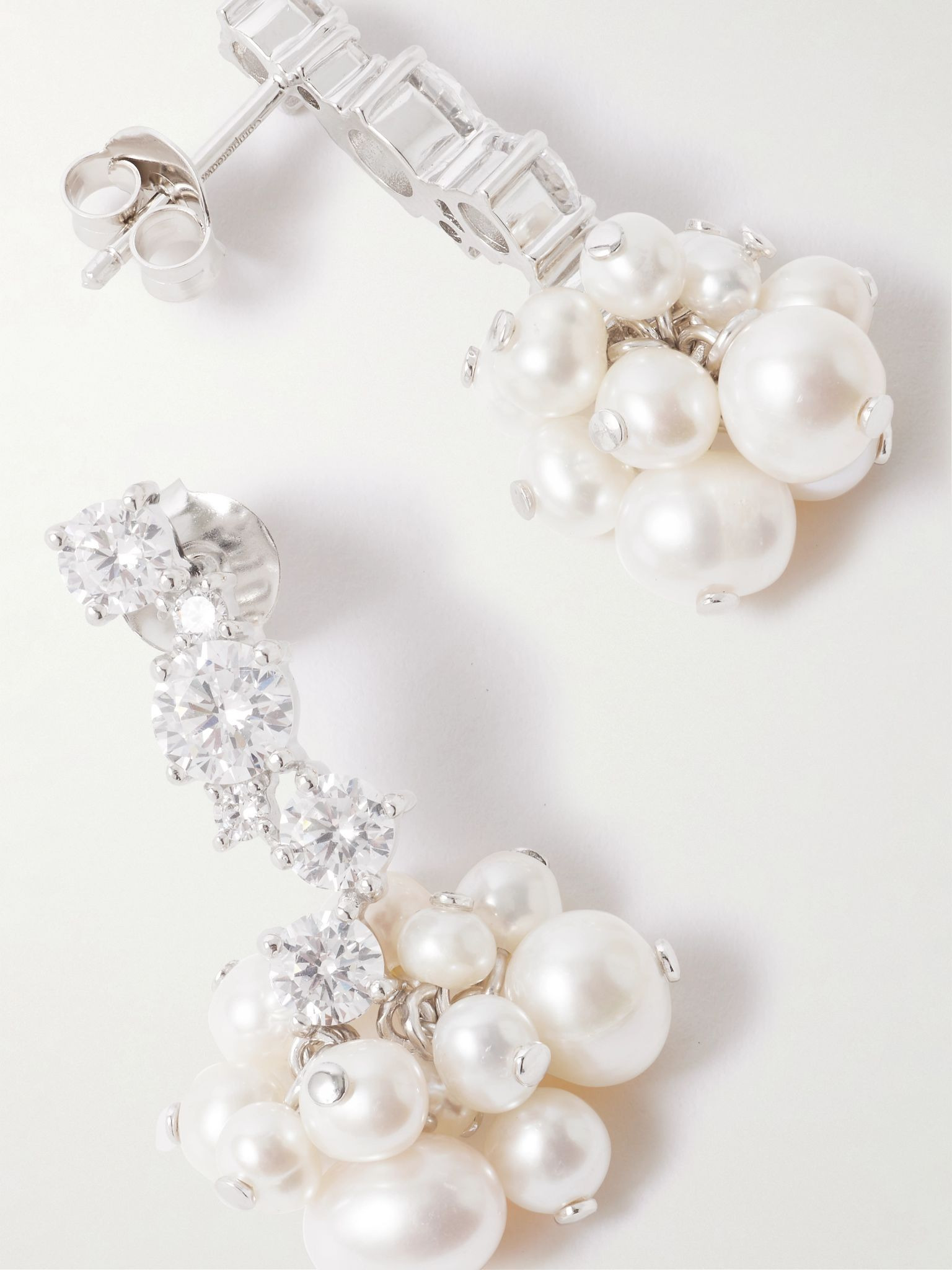 Rhodium-plated recycled silver pearl and crystal earrings White - 3