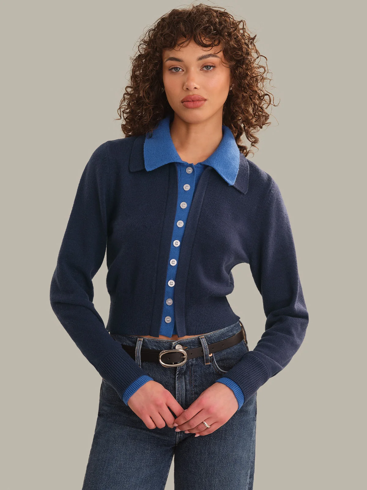 Priscilla Faux Double Layer Polo Cardigan - 1