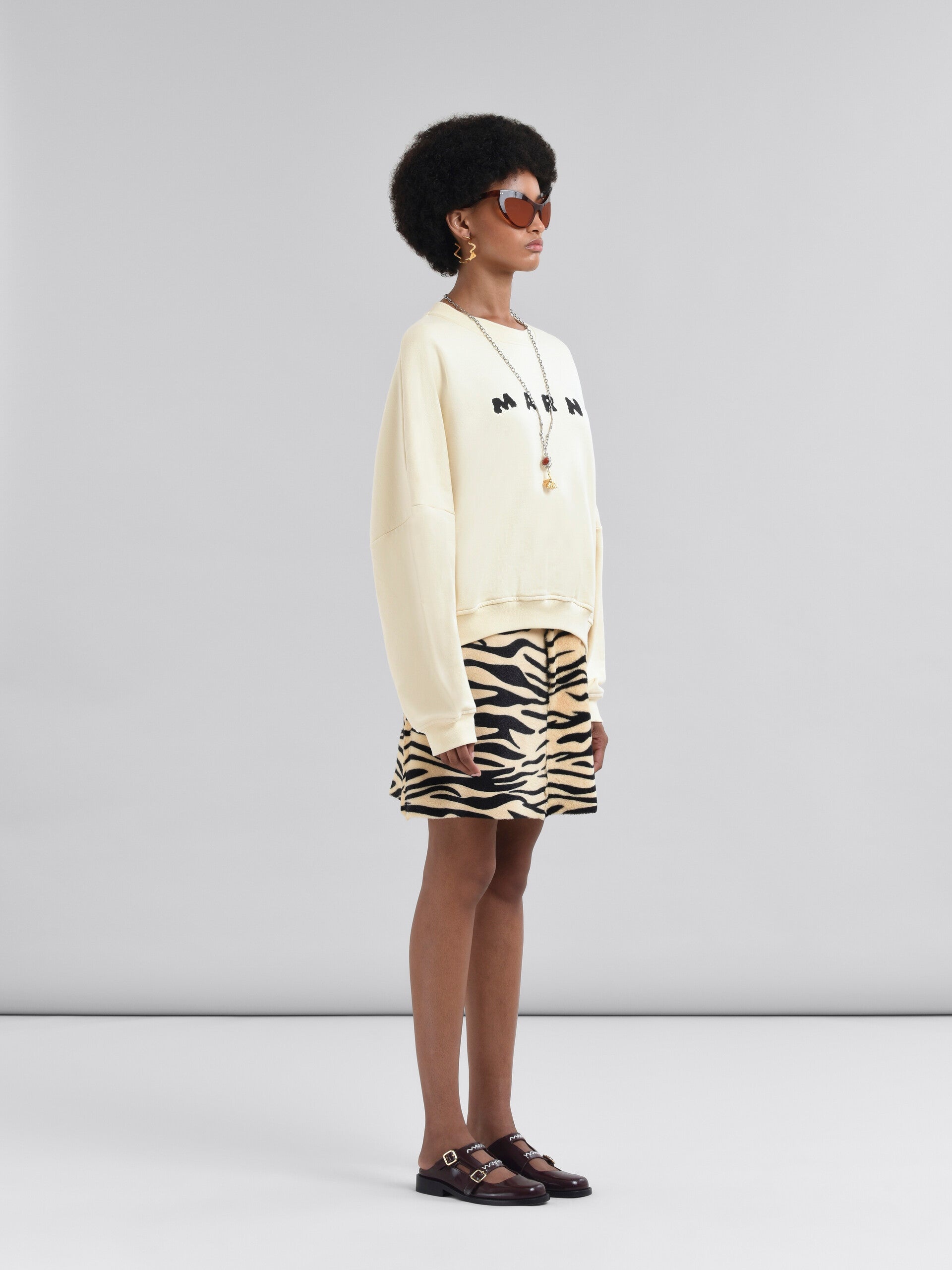 Ivory Cotton Crewneck T-Shirt with Printed Marni Logo - 3