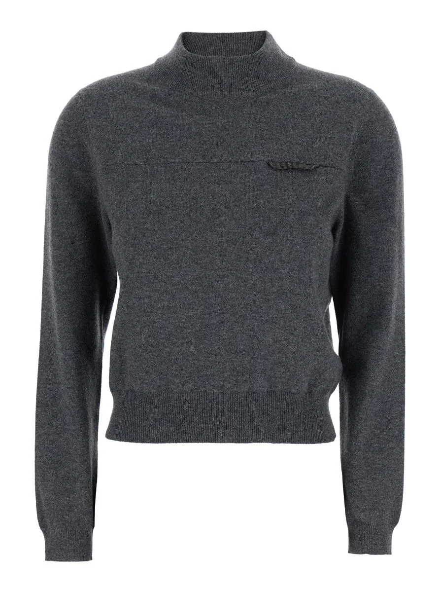 Brunello Cucinelli Grey Sweater With Mock Neck And Monil Detail On The Front In Cashmere Woman - 1