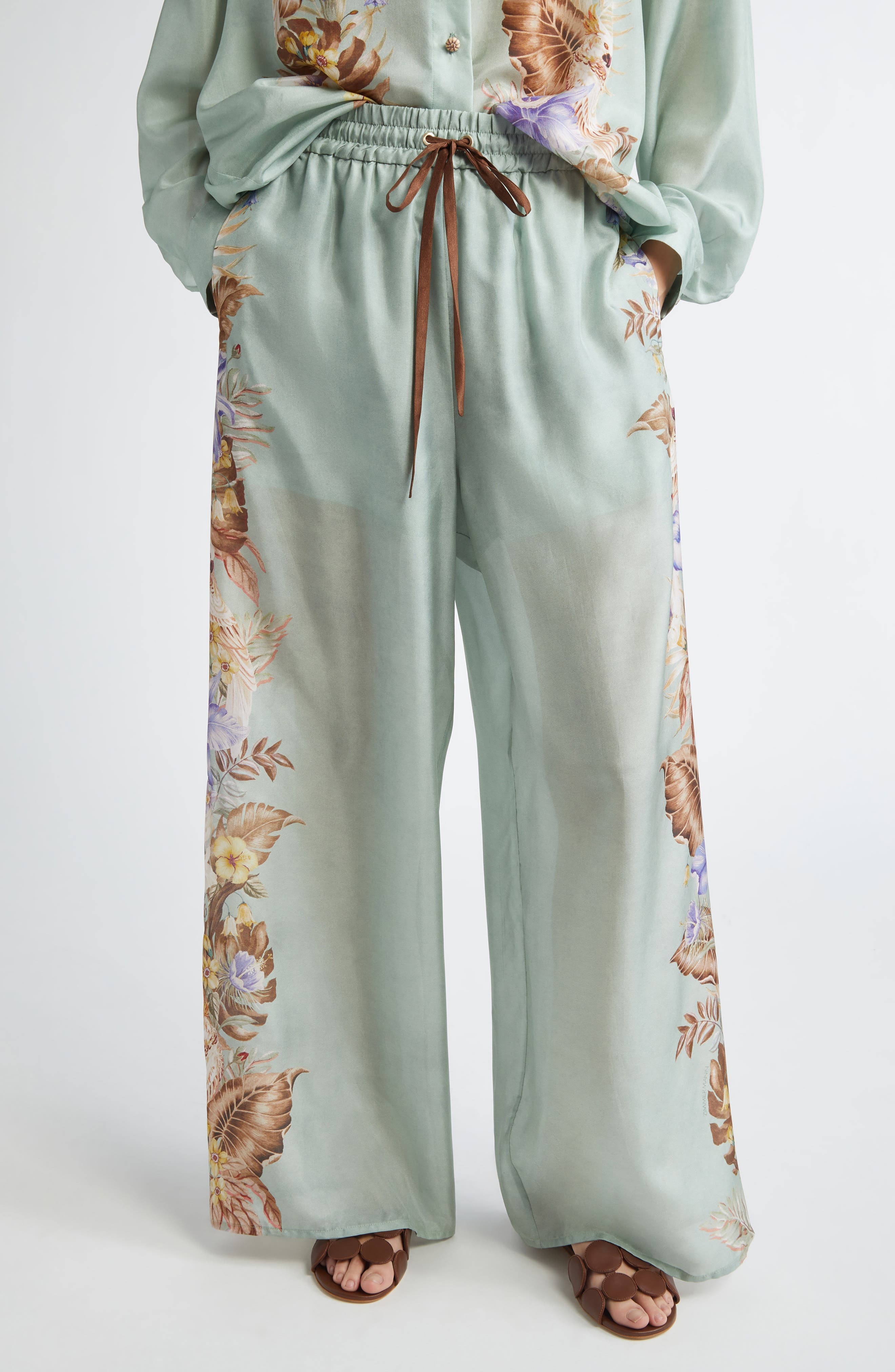Zimmermann Coco Placed Print Silk Wide Leg Pants in Sage Multi Floral at Nordstrom - 1