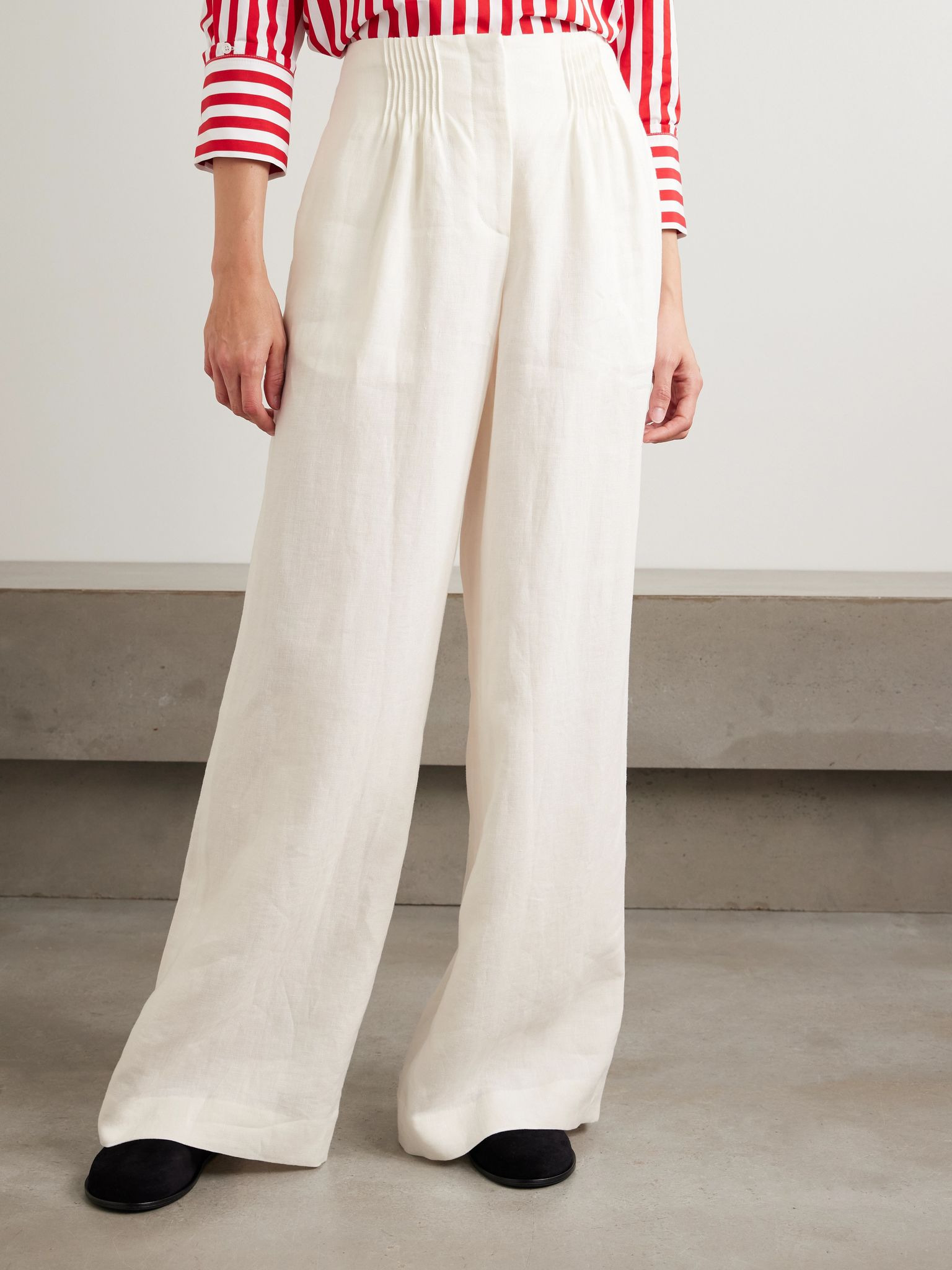 Pintucked linen wide-leg pants Ivory - 3