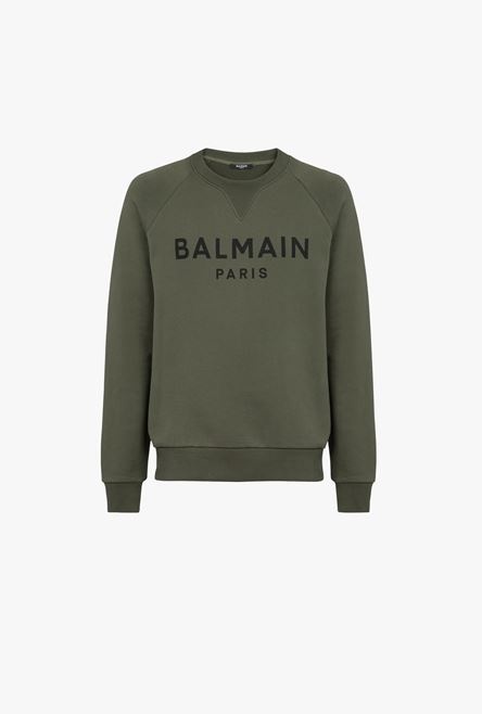 Khaki cotton sweatshirt with black Balmain Paris logo print - 1