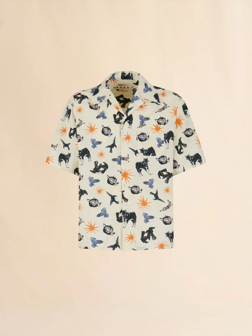 OFF-WHITE POPLIN BOWLING SHIRT WITH WOLVES, RAVENS AND DOVES PRINT - 1