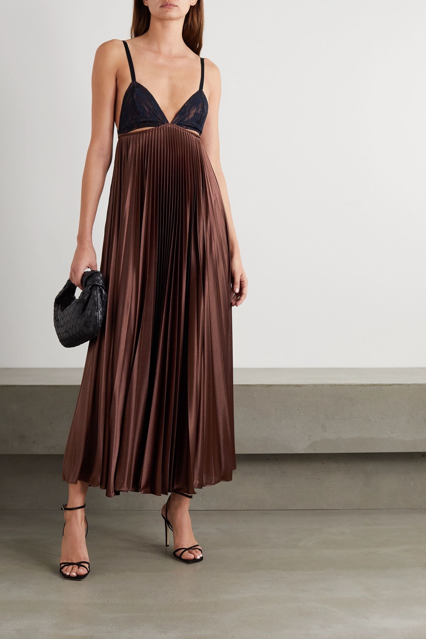 Cutout lace-paneled pleated satin maxi dress - 2