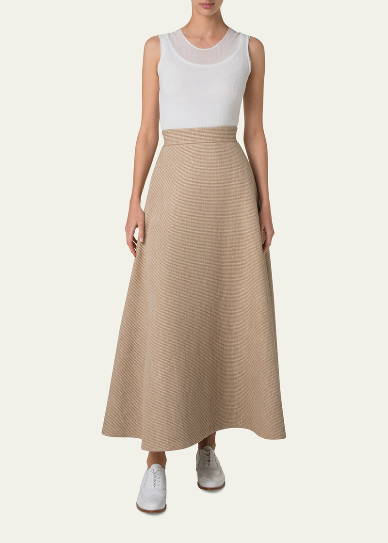 AKRIS Flared Raffia Leather Trim Midi Skirt outlook