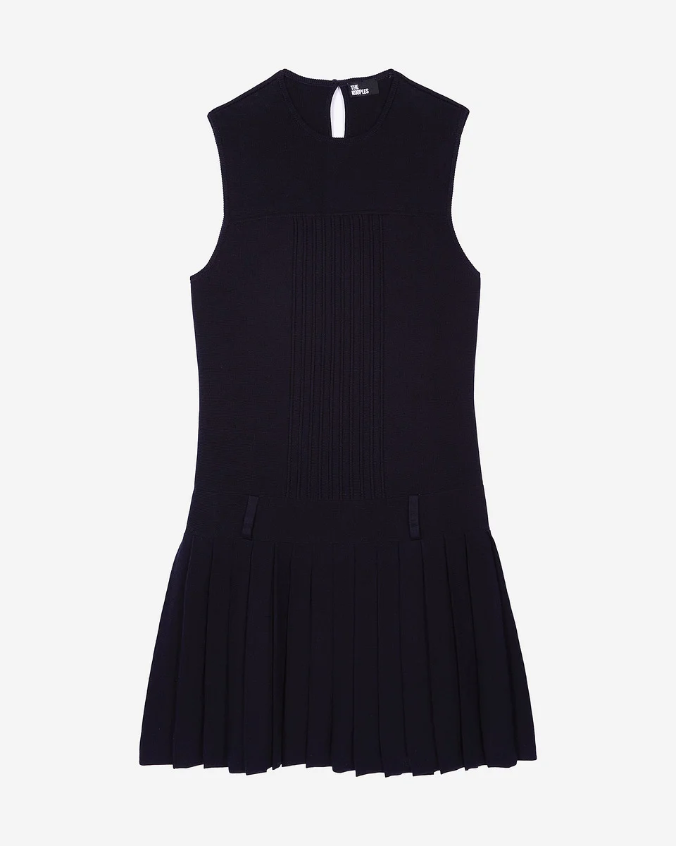 SHORT NAVY PLEATED KNIT DRESS - 1