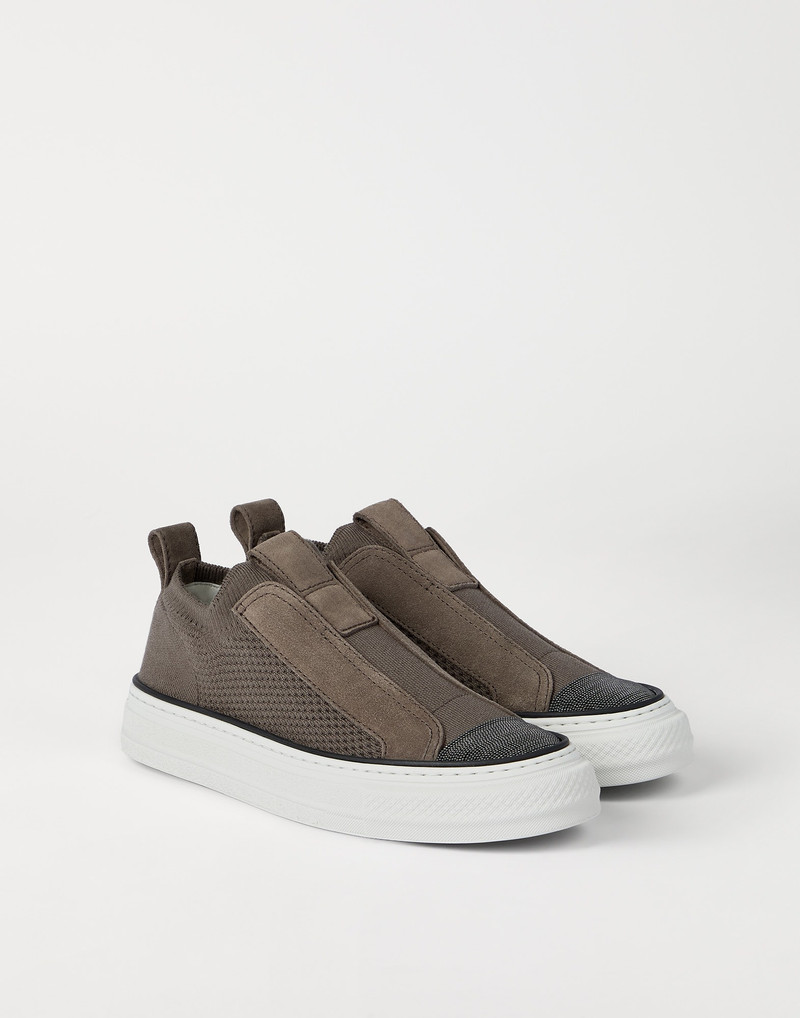 Cotton knit and suede slip-on sneakers with precious toe 2