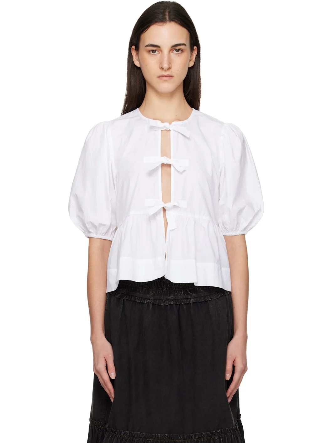 White Cotton Poplin Peplum Tie Blouse - 1