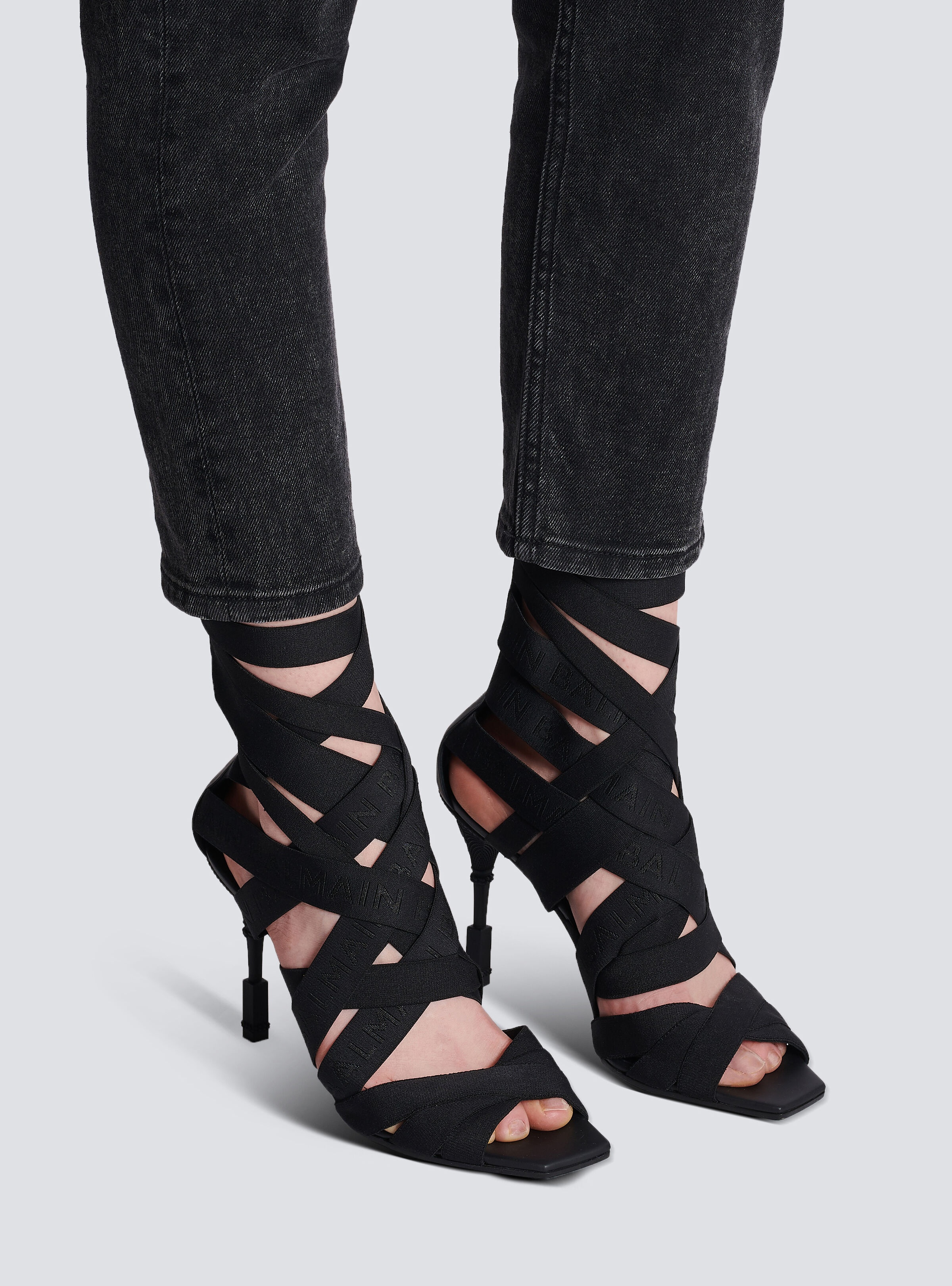 BALMAIN 25S MONETA SANDAL 95MM IN BLACK CALFSKIN WITH CRYSTAL