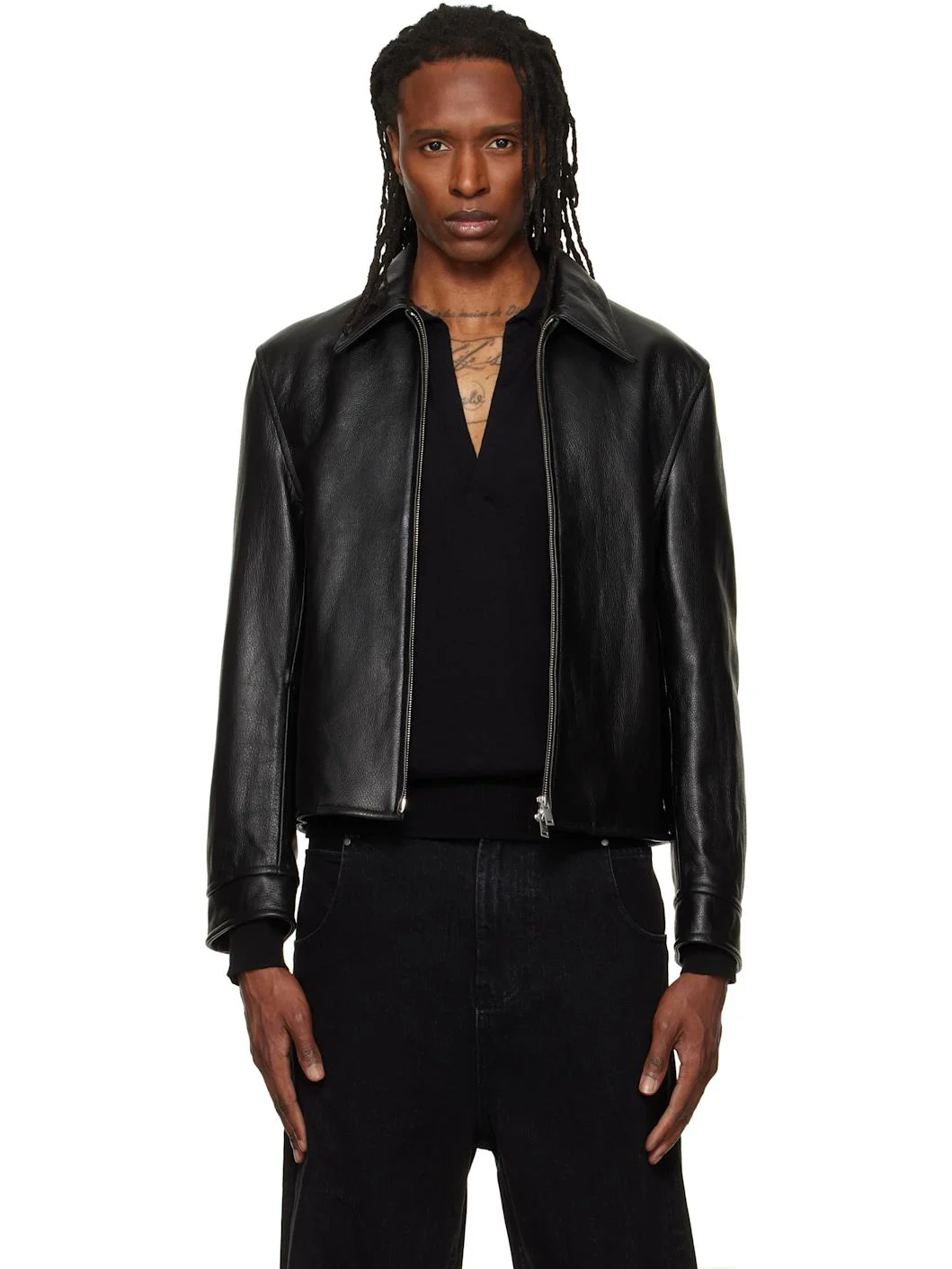Black Buckle Zip Leather Jacket - 1