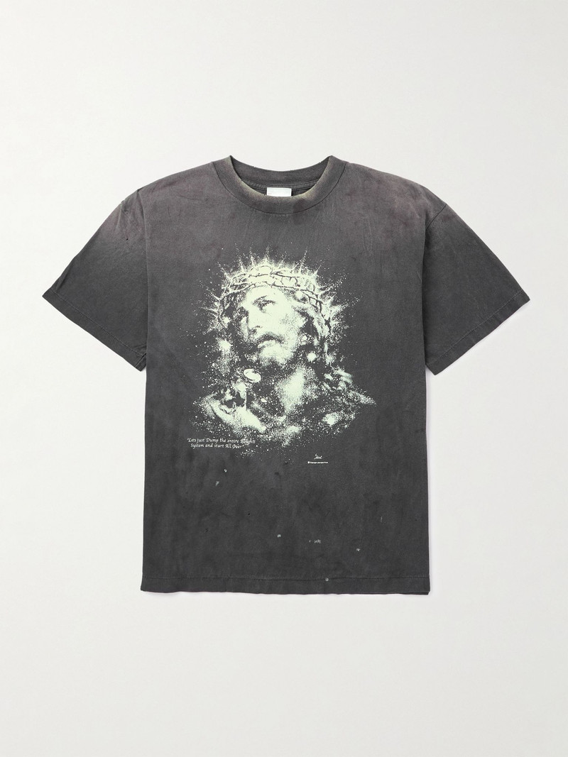 Printed Distressed Cotton-Jersey T-Shirt Gray 1