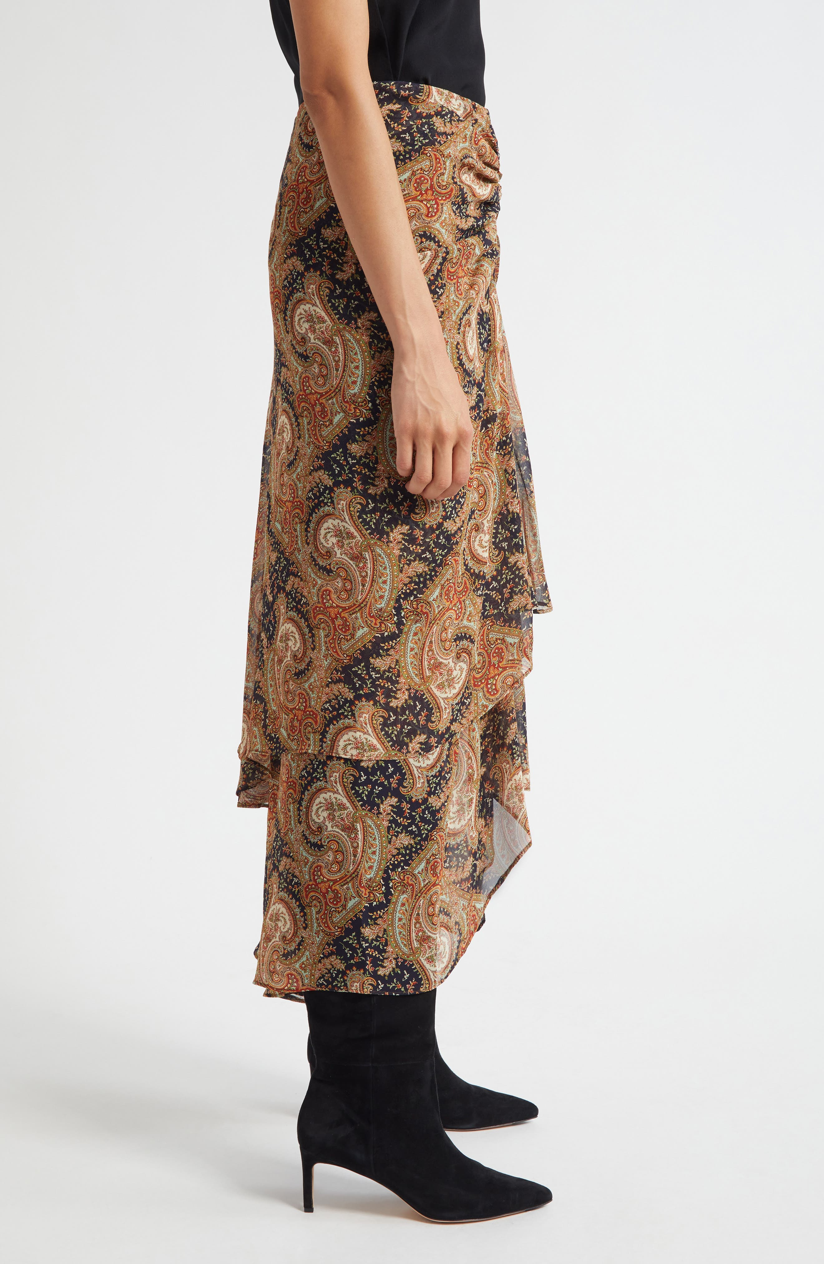 Veronica Beard Sira Paisley Print Ruffle Silk High-Low Skirt in Navy/Rust Multi at Nordstrom - 3