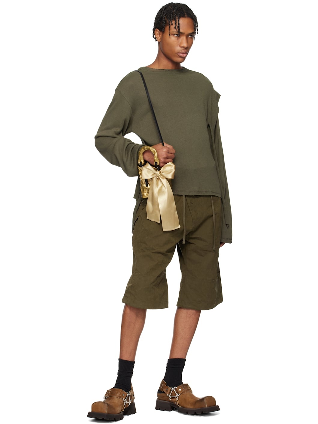 Green Deconstructed Linen Longsleeve T-shirt - 4