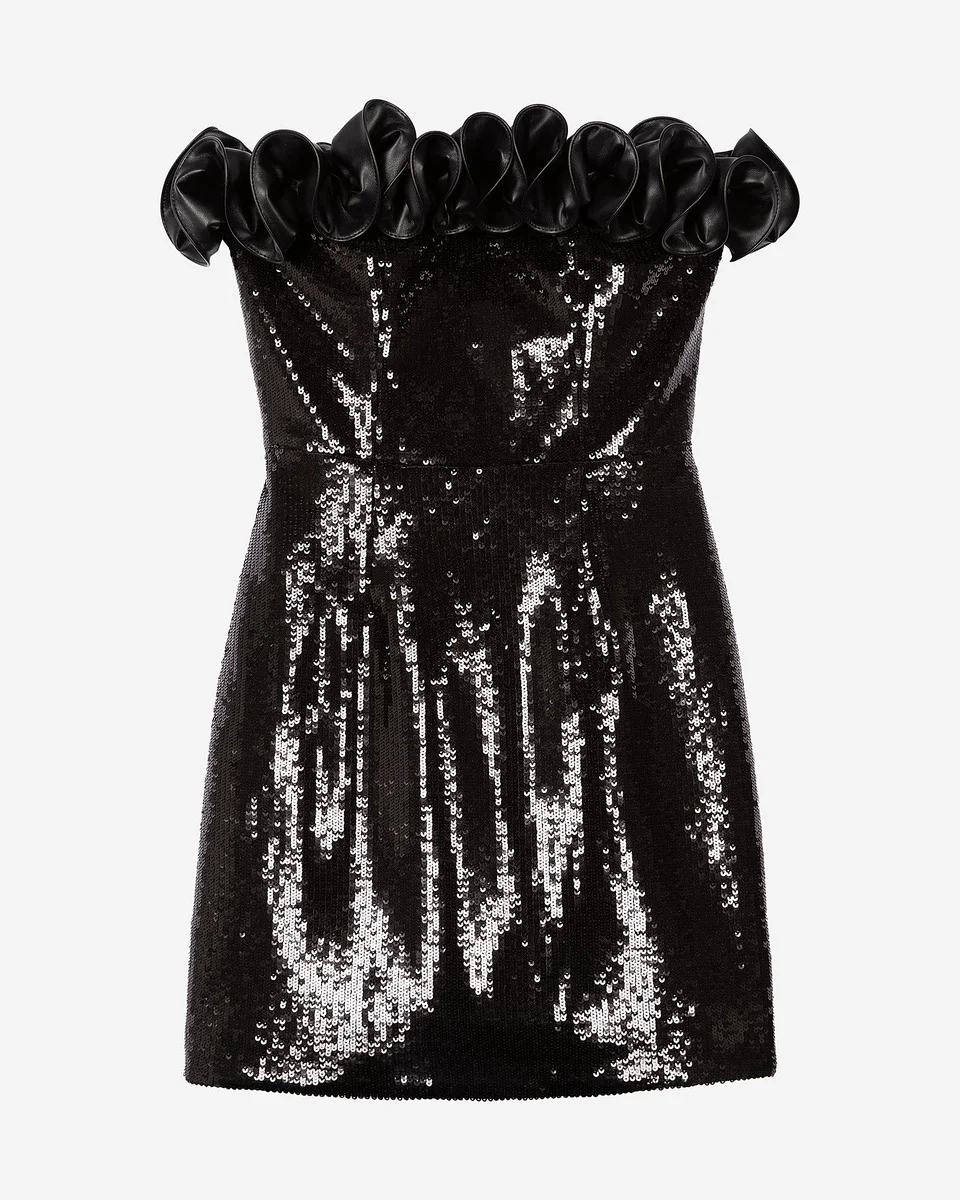 SHORT STRAPLESS SEQUIN DRESS WITH LEATHER-EFFECT DETAIL IN BLACK - 1