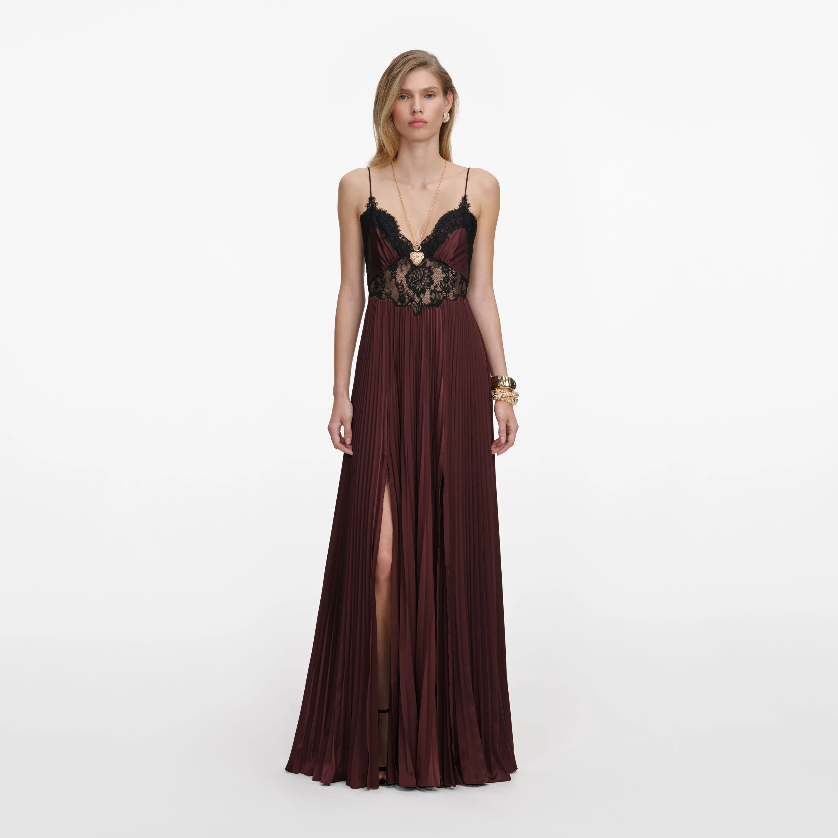 Brown Satin Lace Insert Maxi Dress - 1