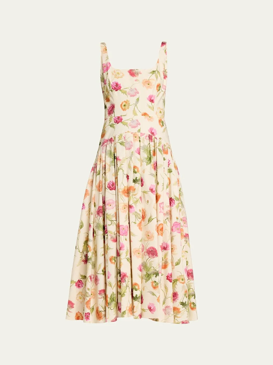 Floral Sleeveless Drop-Waist Pleated Midi Dress - 1