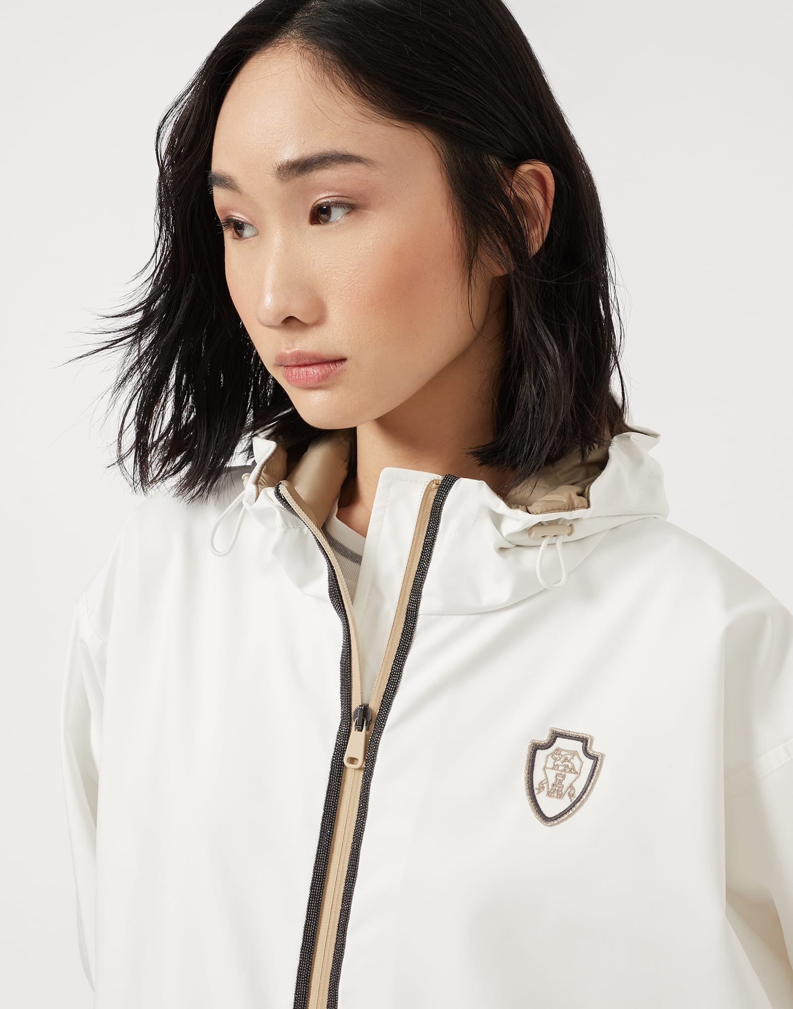 Nylon hooded outerwear jacket with logo and precious trims - 3