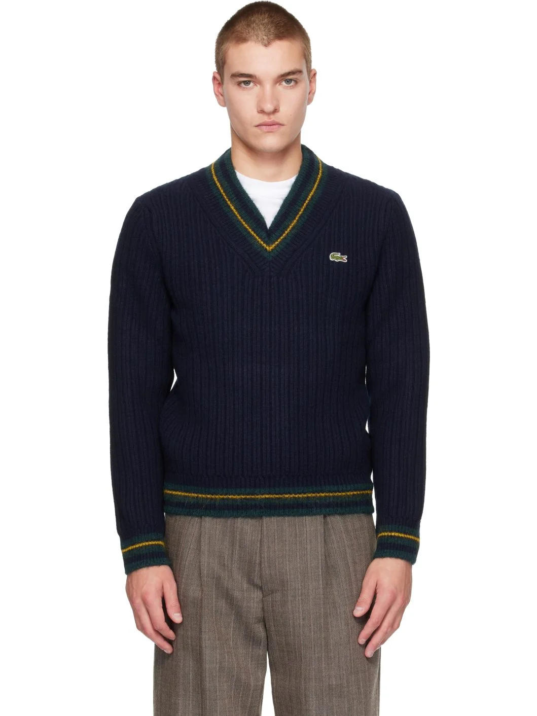 Navy Striped Wool V-Neck Sweater - 1