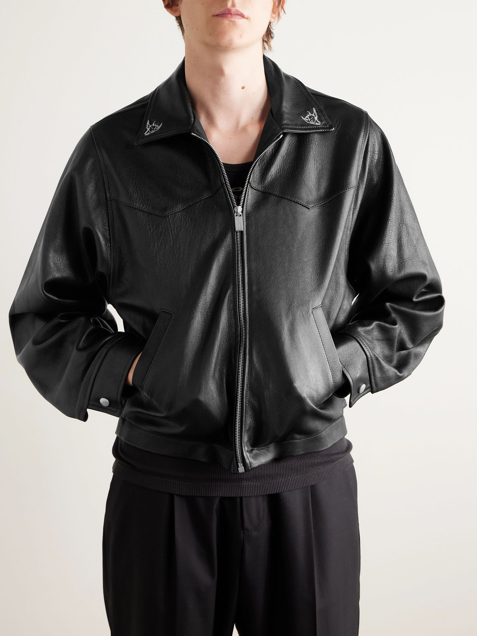 Principe De L'Amour Embroidered Leather Jacket Black - 3