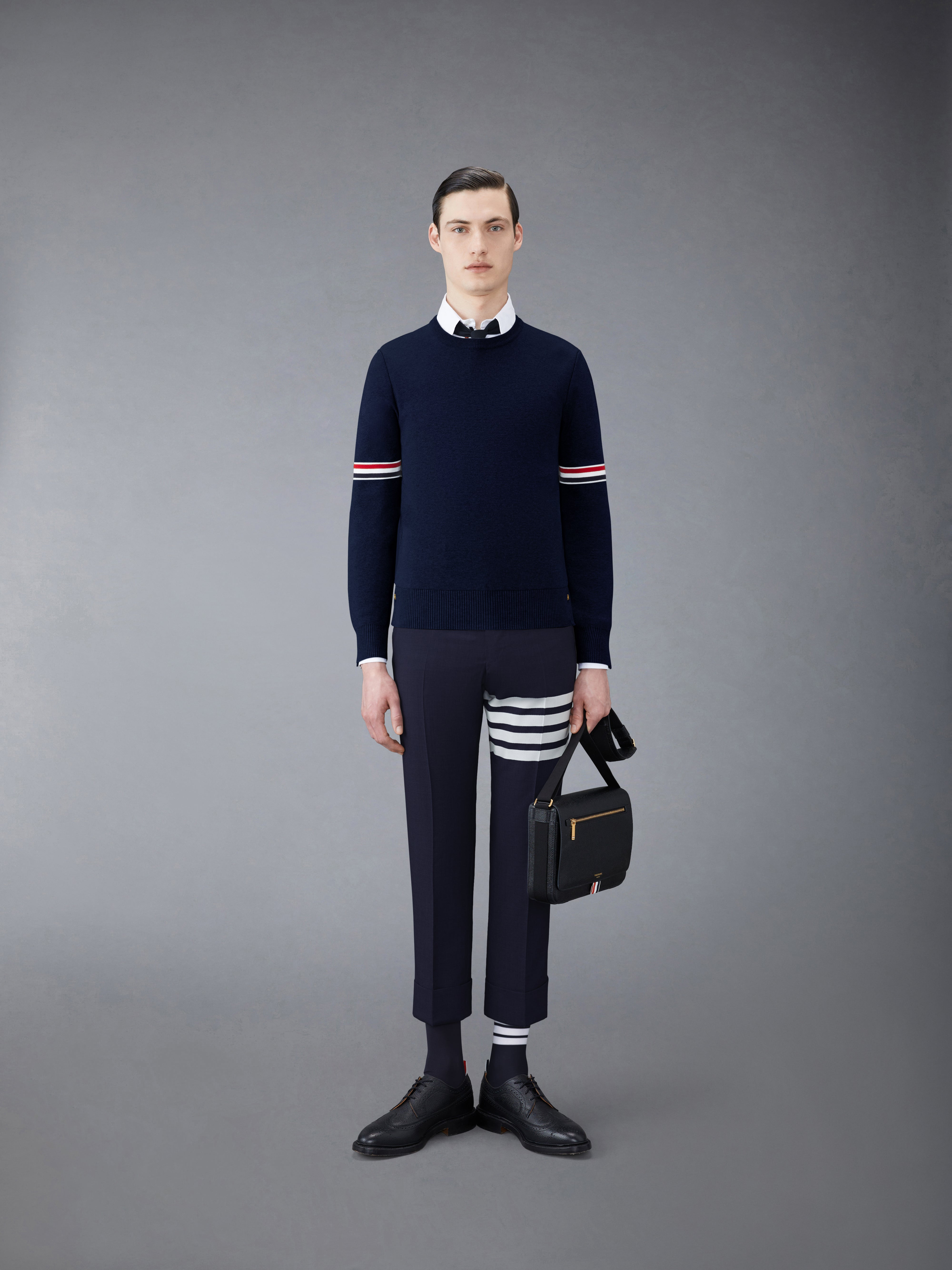 Navy Cotton Milano Stitch Stripe Armband Crewneck Pullover - 3