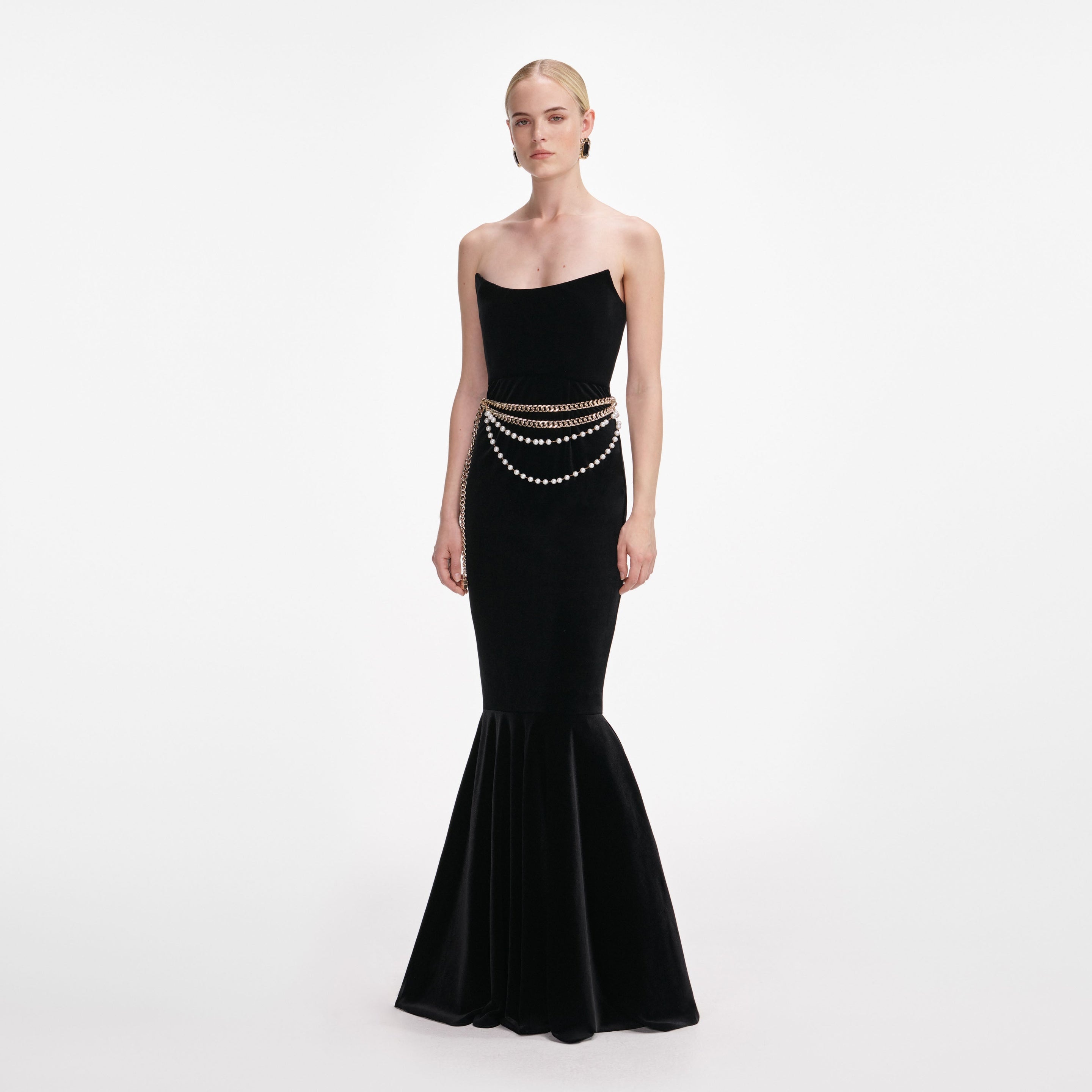 Black Velvet Chain Belt Maxi Dress - 2